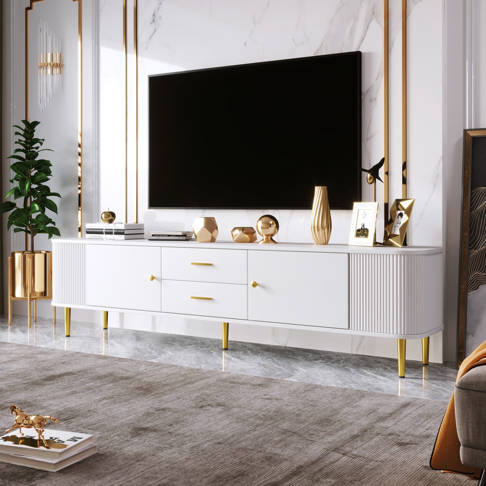 STILVORA Lowboard mit gewellten Seiten,TV-Schrank TV-Regal mit goldenen Griffen&Beinen (TV-Board mit goldenen Griffen und Beinen, 1 St., 2 Schubladen, 2 Türen), mit geschwungenen Ecken, gewellten Seiten
