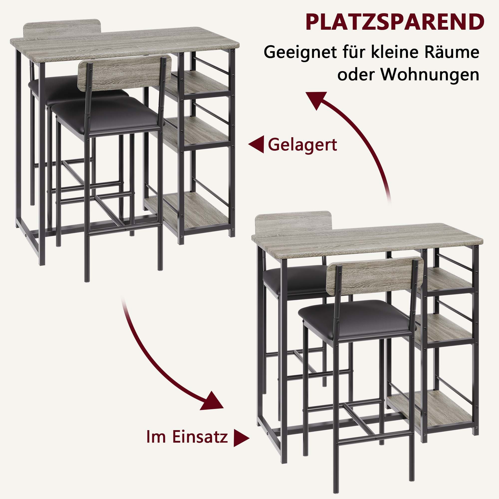 GarveeMore Essgruppe Ktichen Tisch mit 2 Stühlen für Küche & Esszimmer, Bartisch Esstisch mit 2 Gepolsterter Sitz und 3 Ablagen