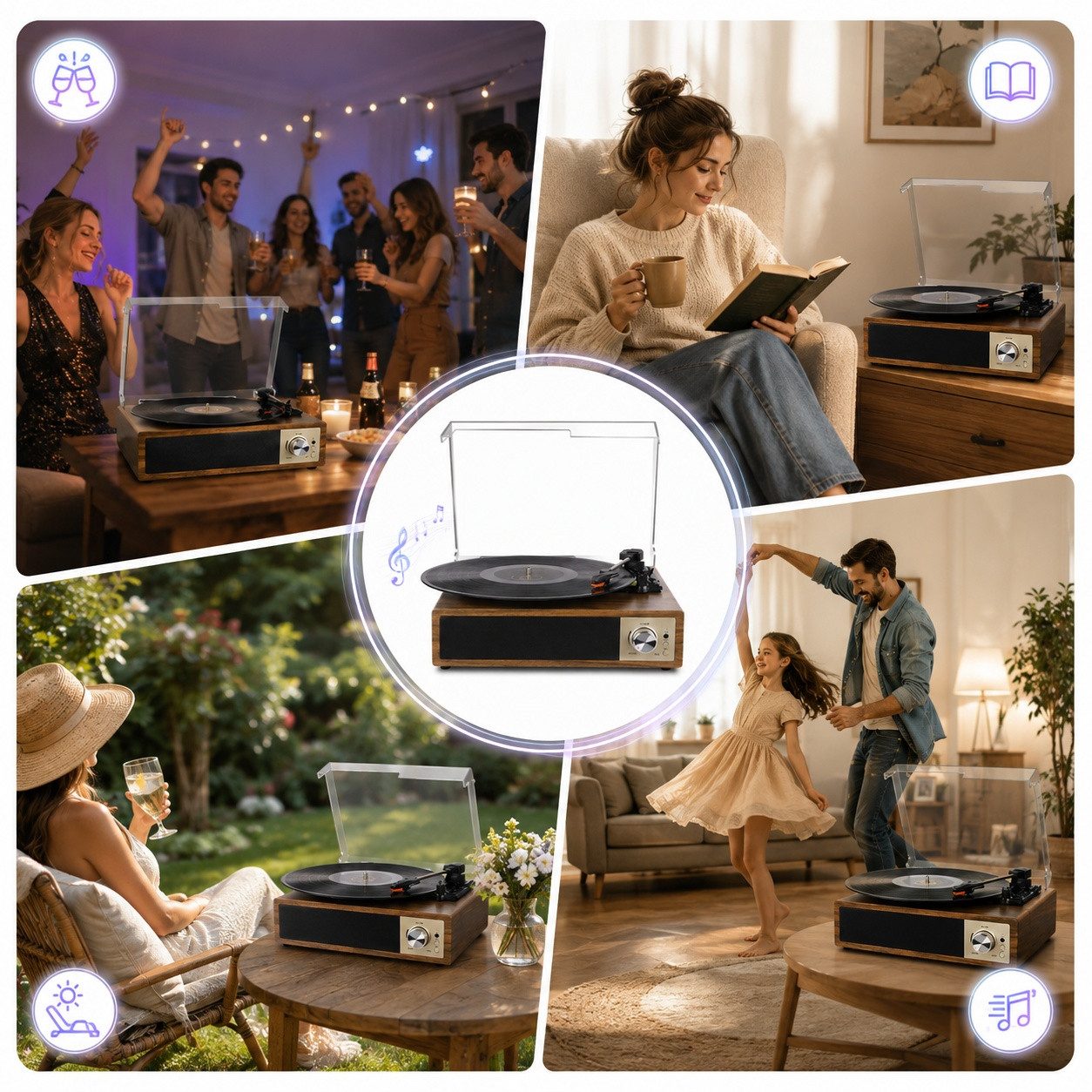 Fofile Bluetooth 5.4 Schallplattenspieler mit 2 Stereo-Lautsprecher 3-Gang Plattenspieler (Vinyl Player, unterstützt Kopfhörer/AUX-Eingang/RCA-Ausgang/USB) – Bild 2 von 5