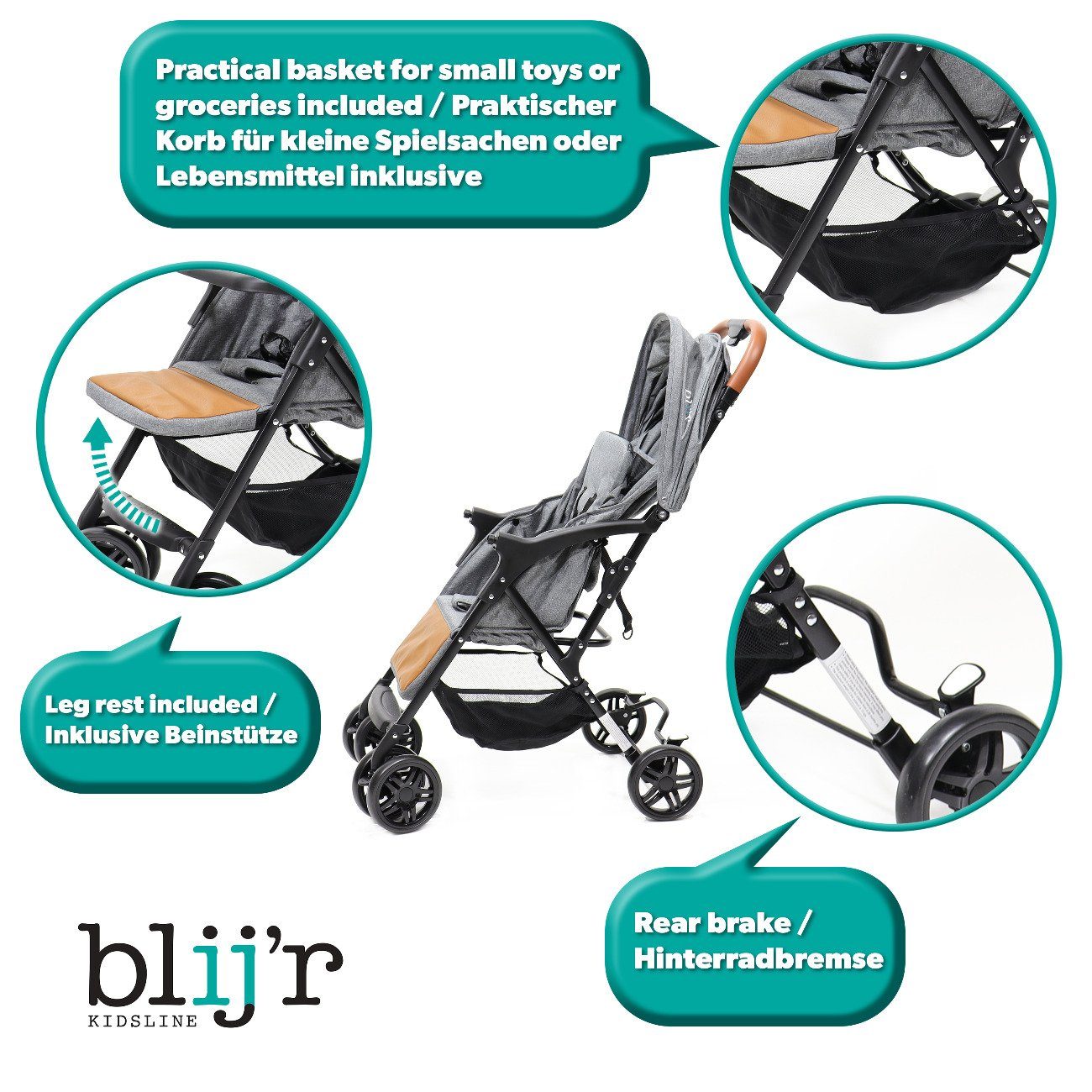 Moskitonetz Kinderwagen Blij´r in Buggy Mimi und Kinder-Buggy Grau Sitzsack, Baldachin mit