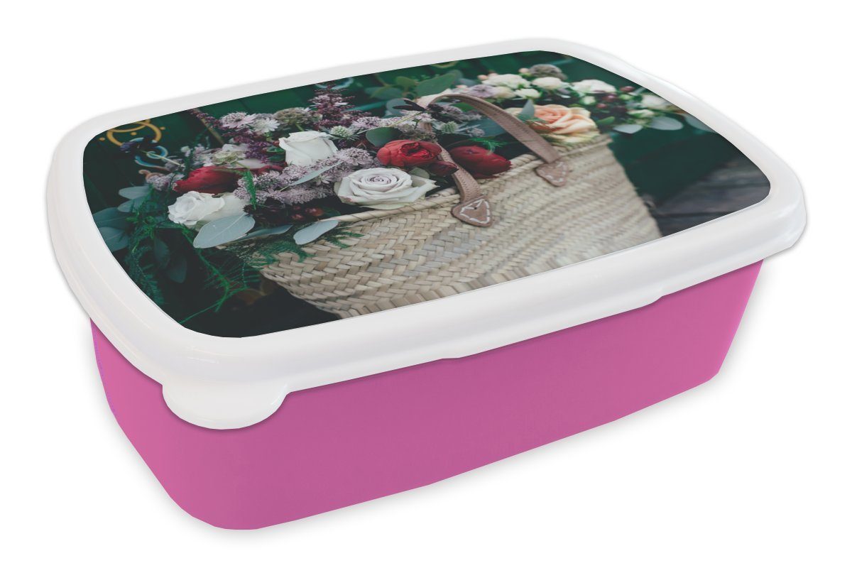 MuchoWow Lunchbox Rosen - Blumen - Korb, Kunststoff, (2-tlg), Brotbox für Erwachsene, Brotdose Kinder, Snackbox, Mädchen, Kunststoff rosa