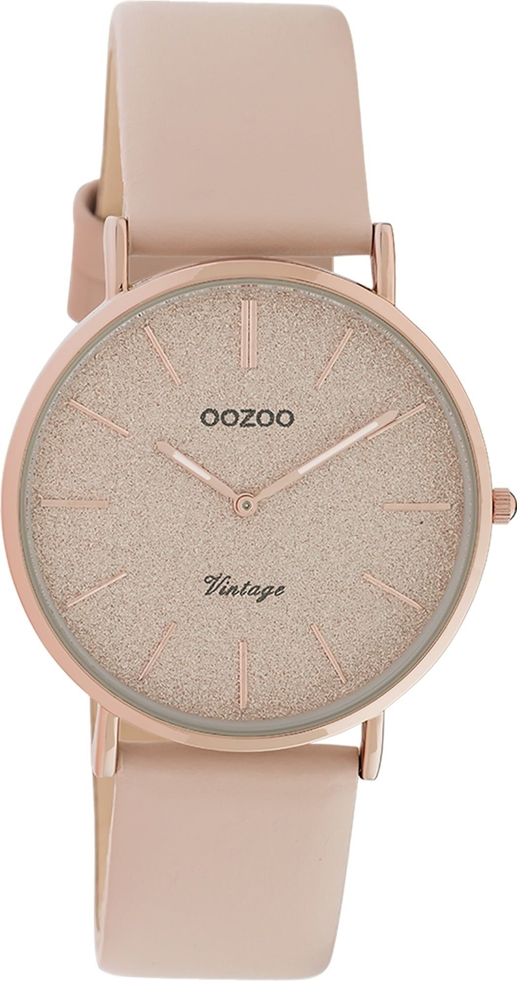 OOZOO Quarzuhr Oozoo Damen Armbanduhr pinkgrau Analog, Damenuhr rund, mittel (ca. 32mm) Lederarmband, Elegant-Style