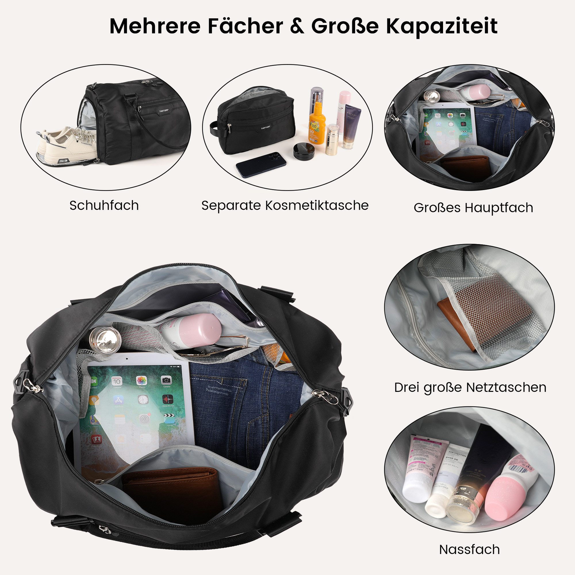 TANTOMI Reisetasche Reisetasche Damen Herren 44.5x20x28, Handgepäck Tasche Flugzeug, Sporttasche, Travel Bag mit Schuhfach und Kulturbeutel