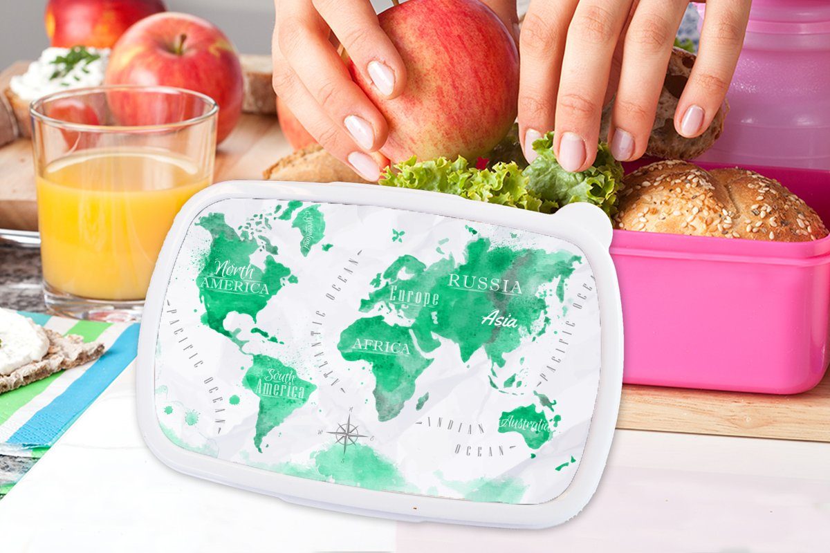 MuchoWow Brotbox - rosa (2-tlg), Weltkarte Brotdose Kunststoff, Ölfarbe Kinder, Kunststoff Grün, Erwachsene, für Snackbox, Mädchen, - Lunchbox