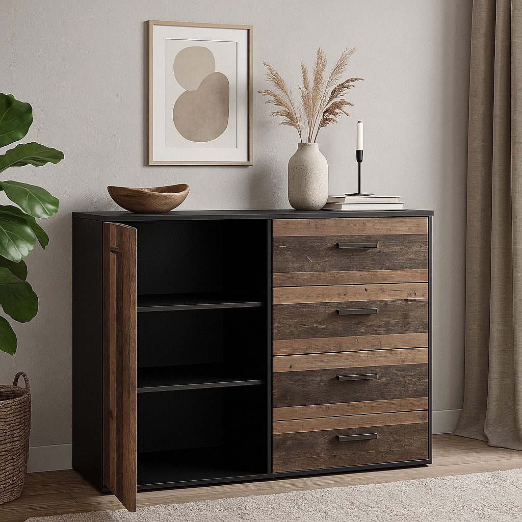 Mäusbacher Kommode in schwarzstahl / texas oak, Holzwerkstoff - 118x97x41cm (BxHxT)