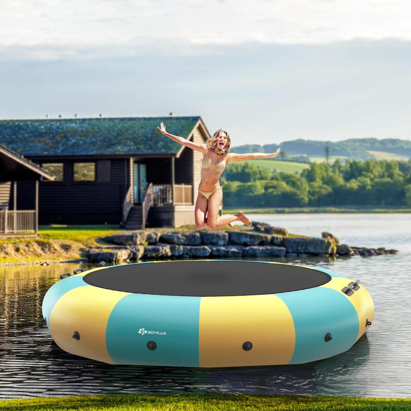 457cm Wassertrampolin, Trampolin Aufblasvorrichtung Gelb Gartentrampolin Bounce, COSTWAY Wassertrampolin elektrischer