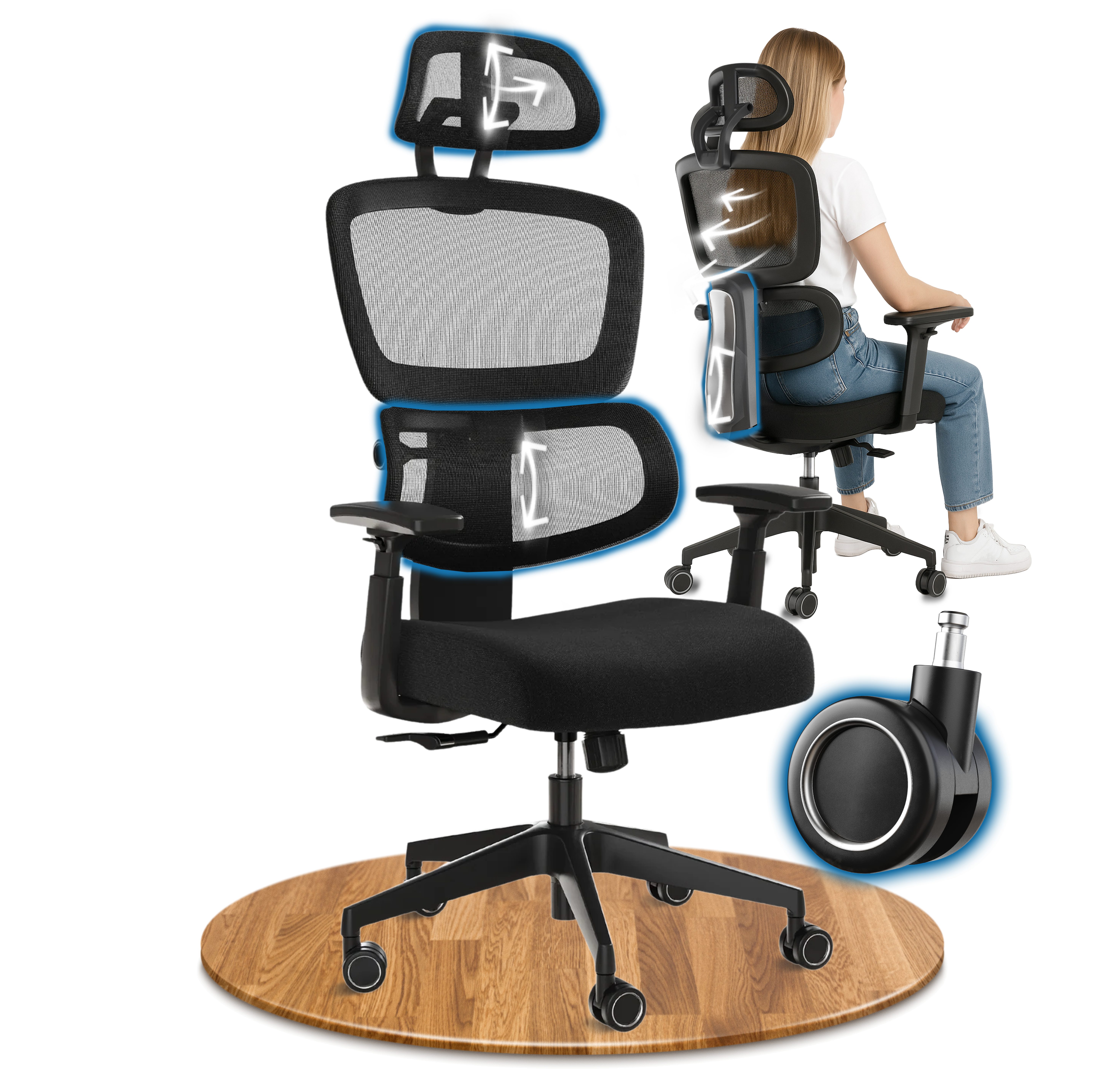 DESKSPACE Bürostuhl Move Ergonomischer Bürostuhl 3-stufige Neigung Schreibtischstuhl 150kg, Intelligente Lordosenstütze zur automatischen Rückenunterstützung