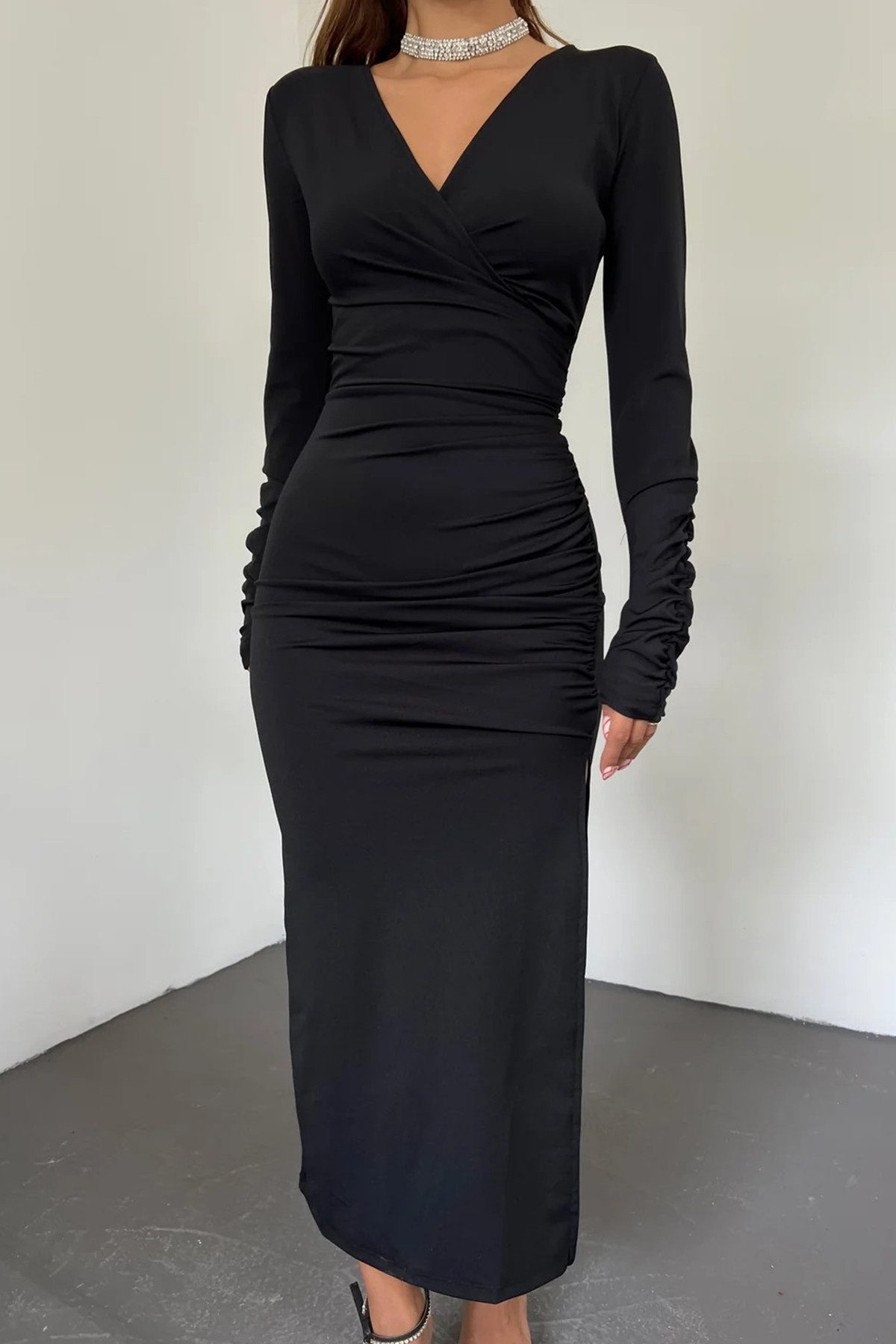 WOMAN VISION Minikleid Wickelkleid mit Schlitz und langen Ärmeln