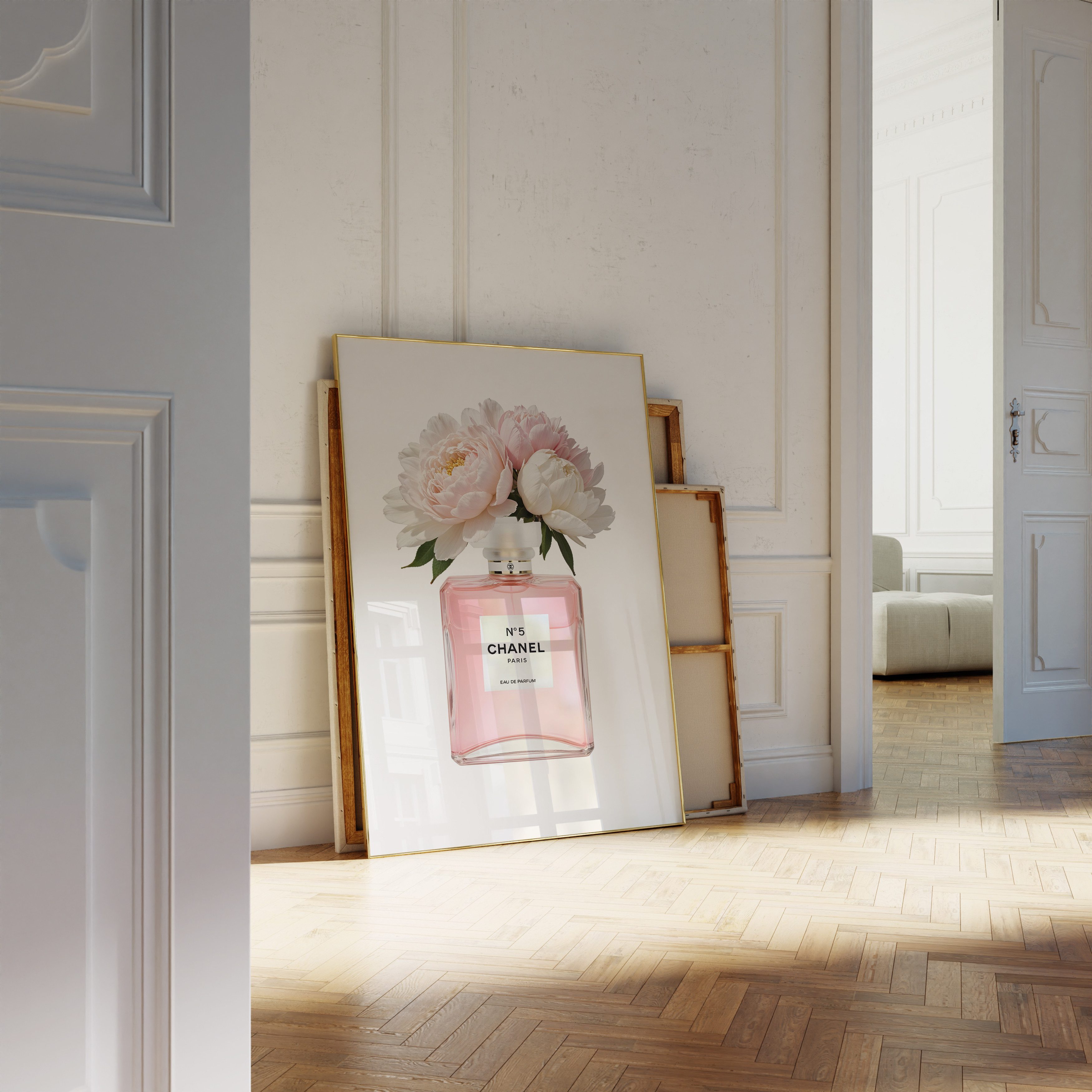 JUSTGOODMOOD Poster Premium ® Coco Chanel Poster · Coco Pink Parfüm Flacon · ohne Rahmen, (1 St)