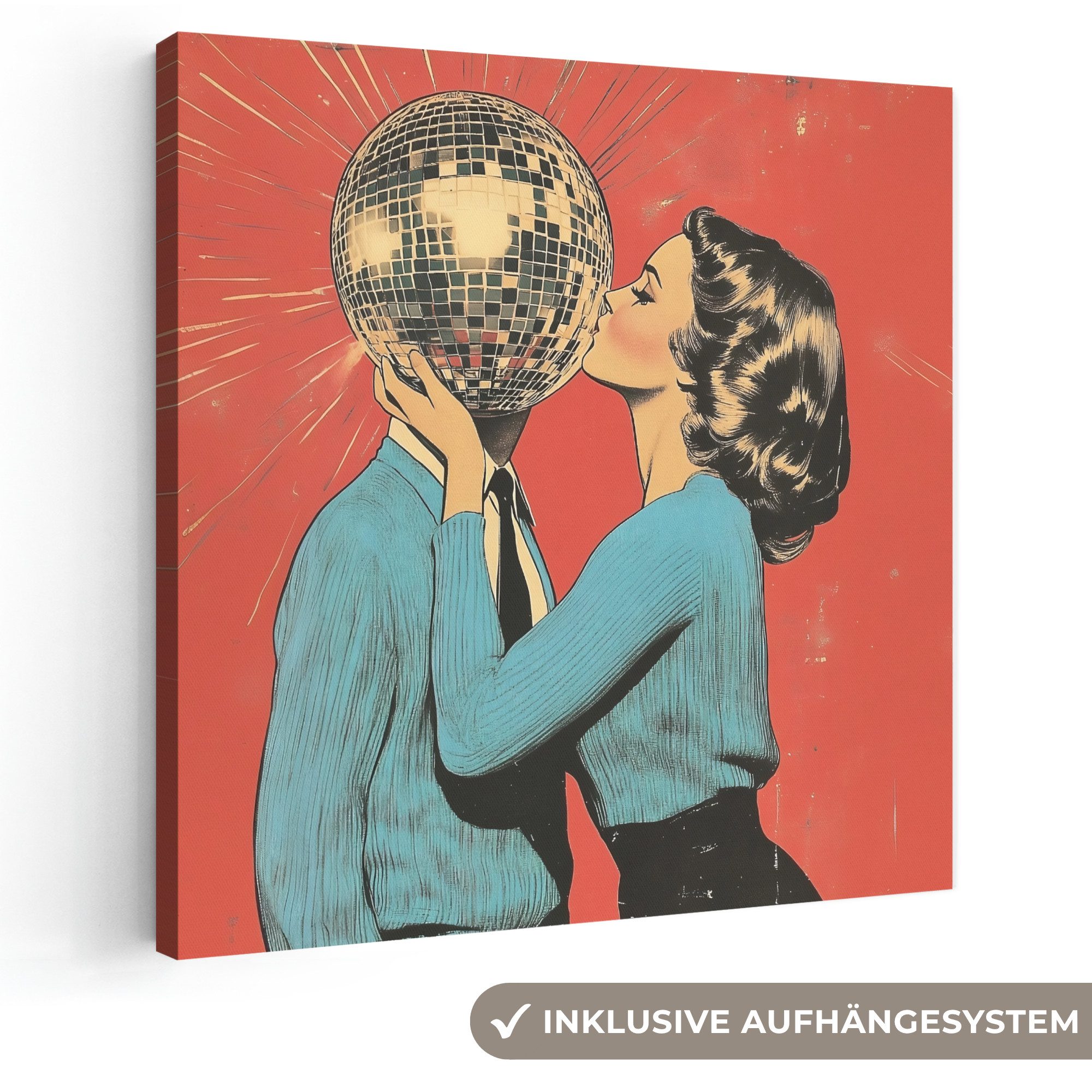 OneMillionCanvasses® Leinwandbild Frau - Retro - Discokugel - Kuss, Fotodruck (1 St), Wandbild, Deko Schlafzimmer Wohnzimmer Flur 20x20 cm