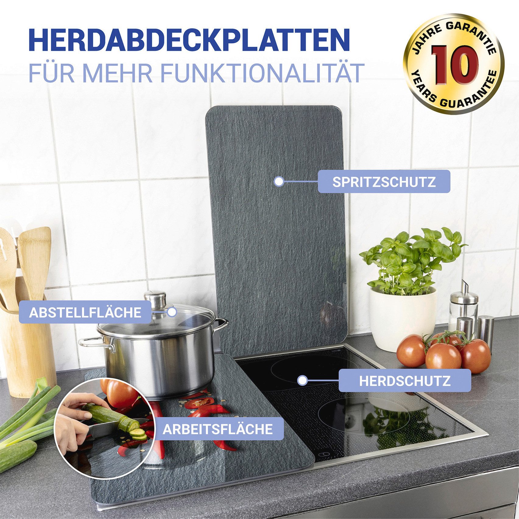 WENKO Herd-Abdeckplatte Universal Modell Cayenne, Glas, (Set, 2 tlg), Herdabdeckung für alle Herdarten, kratzfest, mit rutschfesten Füßen