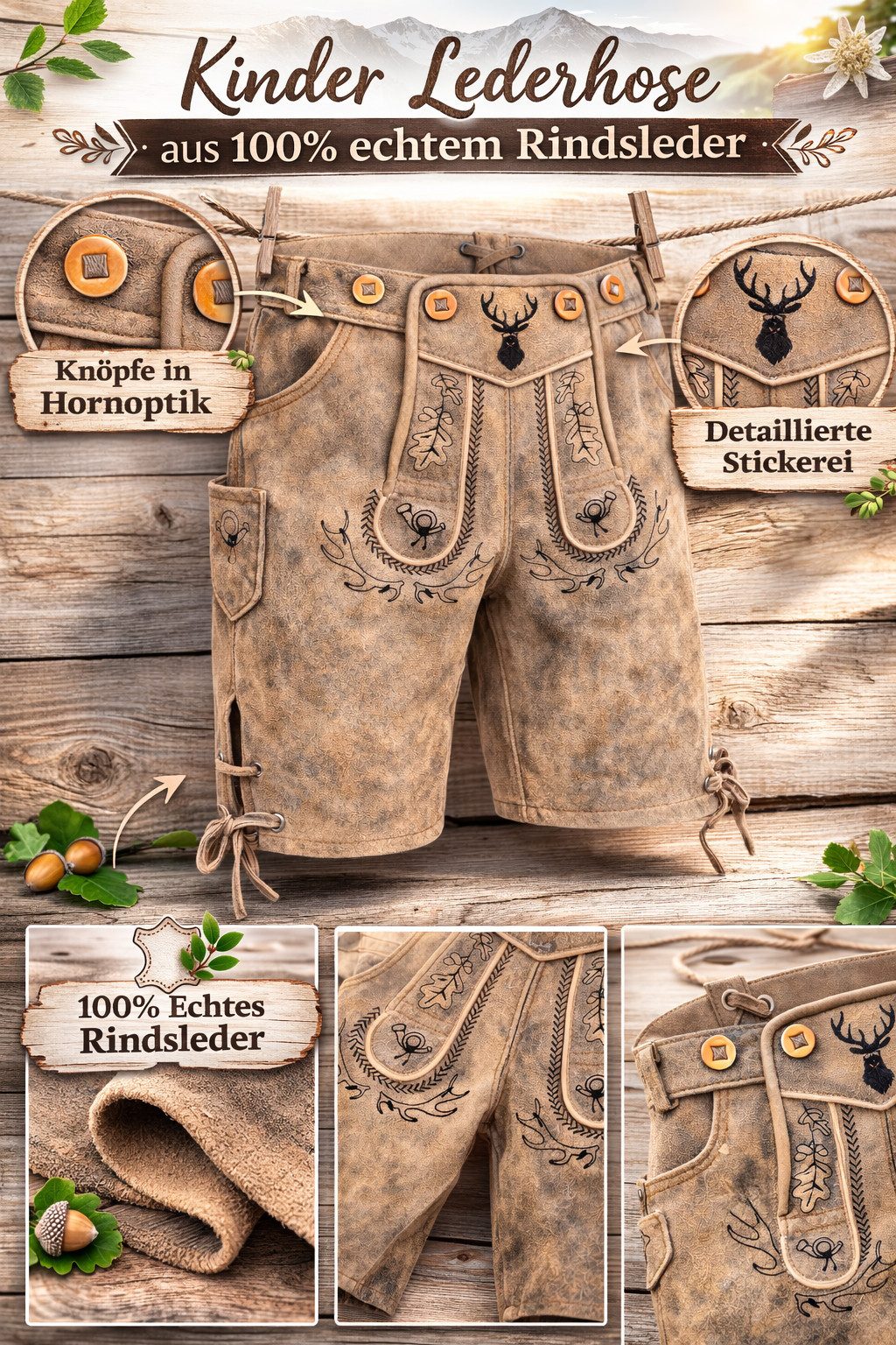 PAULGOS Trachtenhose Kinder Lederhose Kurz mit Trägern 100% Echtleder - KK2 ANTIK