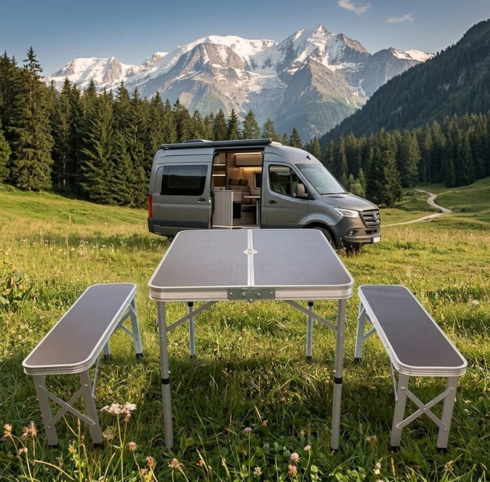 BruKa Campingtisch Set GREEN HILL Klapptisch Bank Aluminium Campingtisch, klappbar Koffertisch