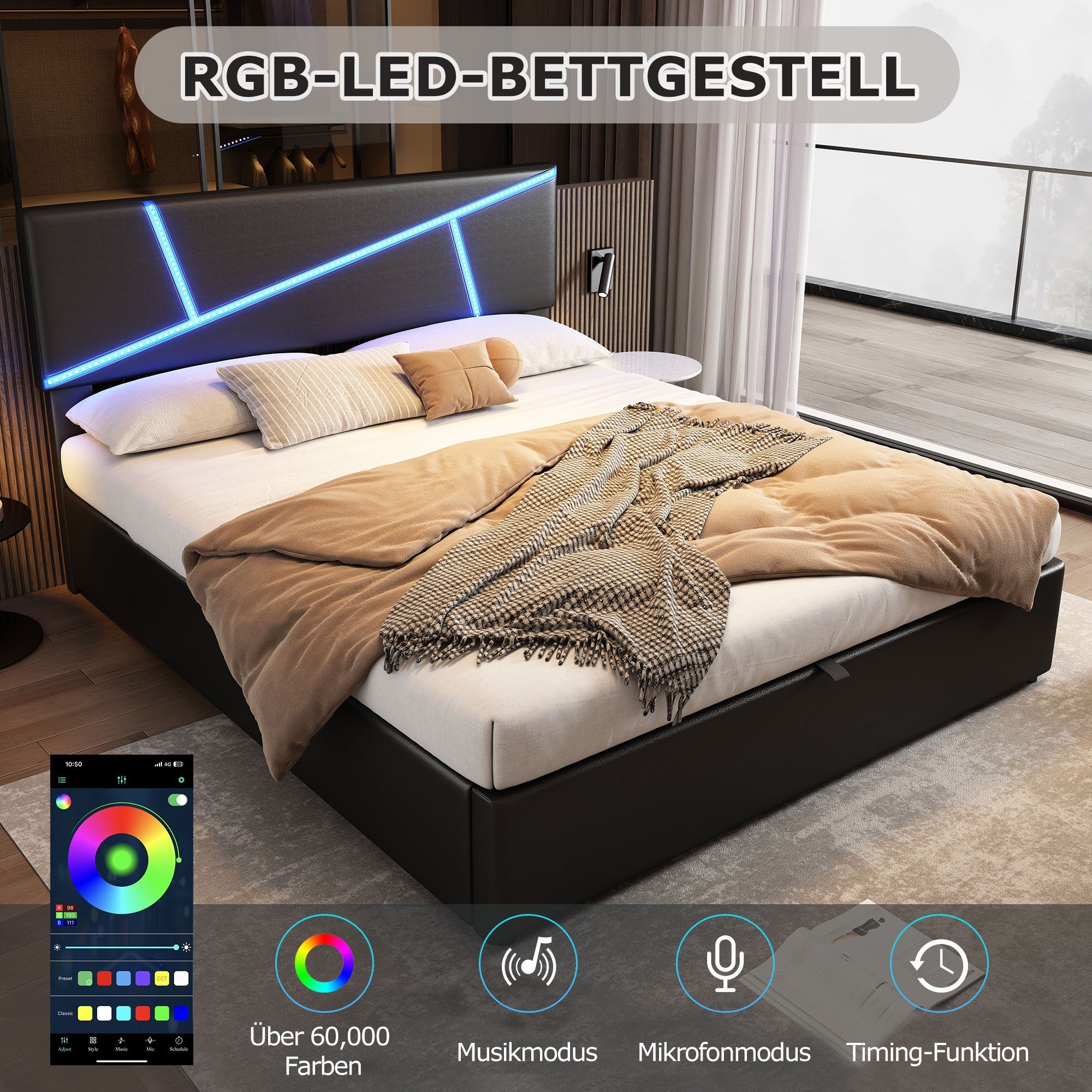 hydraulischem mit Queen-Size-Bettkasten, LED-Lichtleisten mit Jugendbett, Familienbett, Gästebett, für Kopfteil, Stauraum gepolstertem Einrichtungsstil, Mit Familienbett), mit passend Schwarz Gästebett, LED-Lichtleiste, Kinderbett, mit Doppelbett Fangqi Polsterbett Unisex-Doppelbett, 180*200 jeden Kopfteil,Kinderbett,Jugendbett, mit Bettkasten Polsterbett, und (set,Doppelbett LED-Beleuchtung und