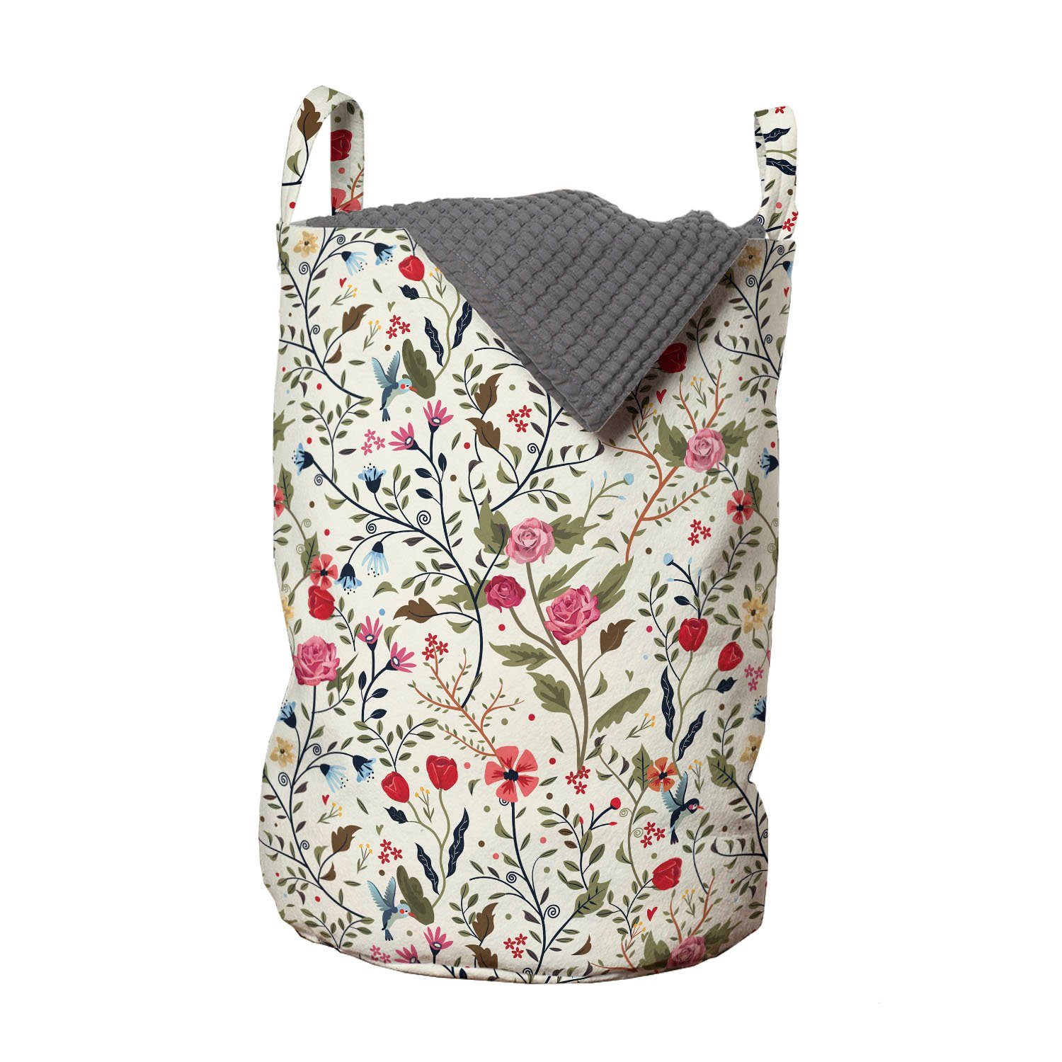 Abakuhaus Wäschesäckchen Wäschekorb mit Griffen Kordelzugverschluss für Waschsalons, Blumen Vögel Rosen-Tupfen