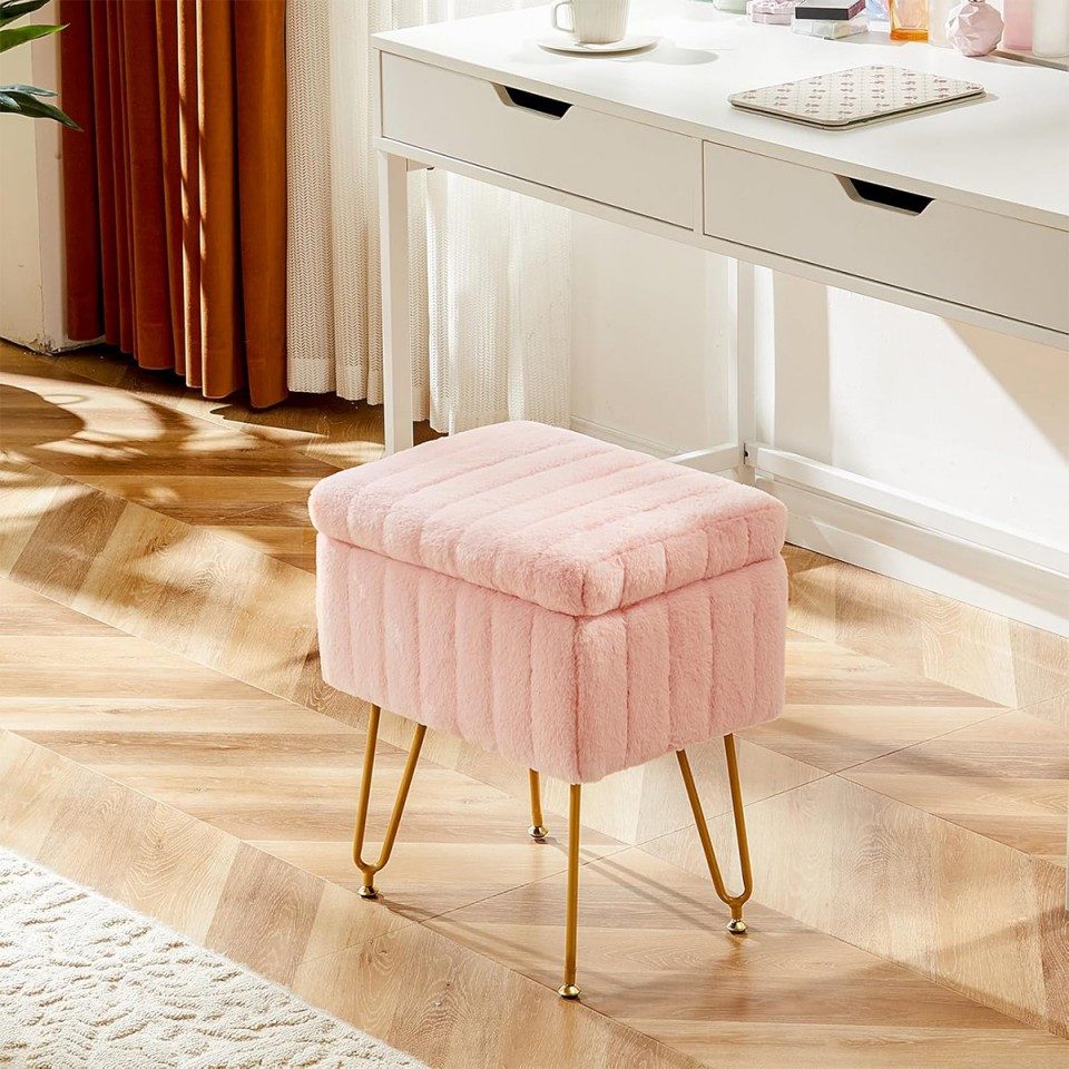 ZMH Sitzhocker Vintage Schminkhocker mit Kunstfell Stauraum moderner für Schlafzimmer, Vintage-Schminkhocker mit Plüschsitz & Metallgestell