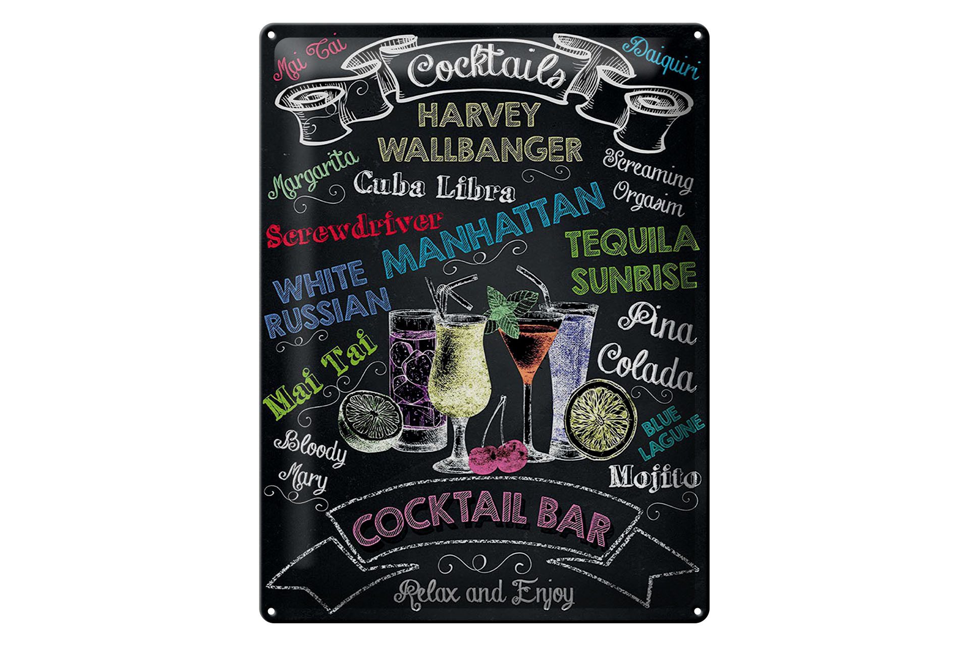 Femer GmbH Metallschild Cocktail 30x40 cm Verschieden Cocktails Tafeloptik, (1 St), gewölbte Oberfläche, abgerundete Ecken, umgeschlagene Kanten