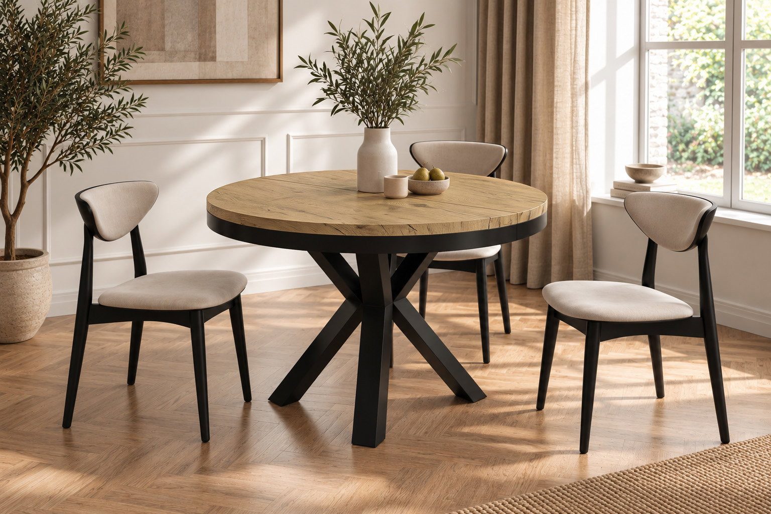 WFL GROUP Esstisch Clara im Loft-Stil rund ausziehbar mit schwarzen Metallbeinen (MADE IN EU, erhältlich in zwei Größen – 100/120 cm, ausziehbar auf 180/200 cm), platzsparender Industrial Tisch in Holzoptik für Wohnzimmer oder Küche