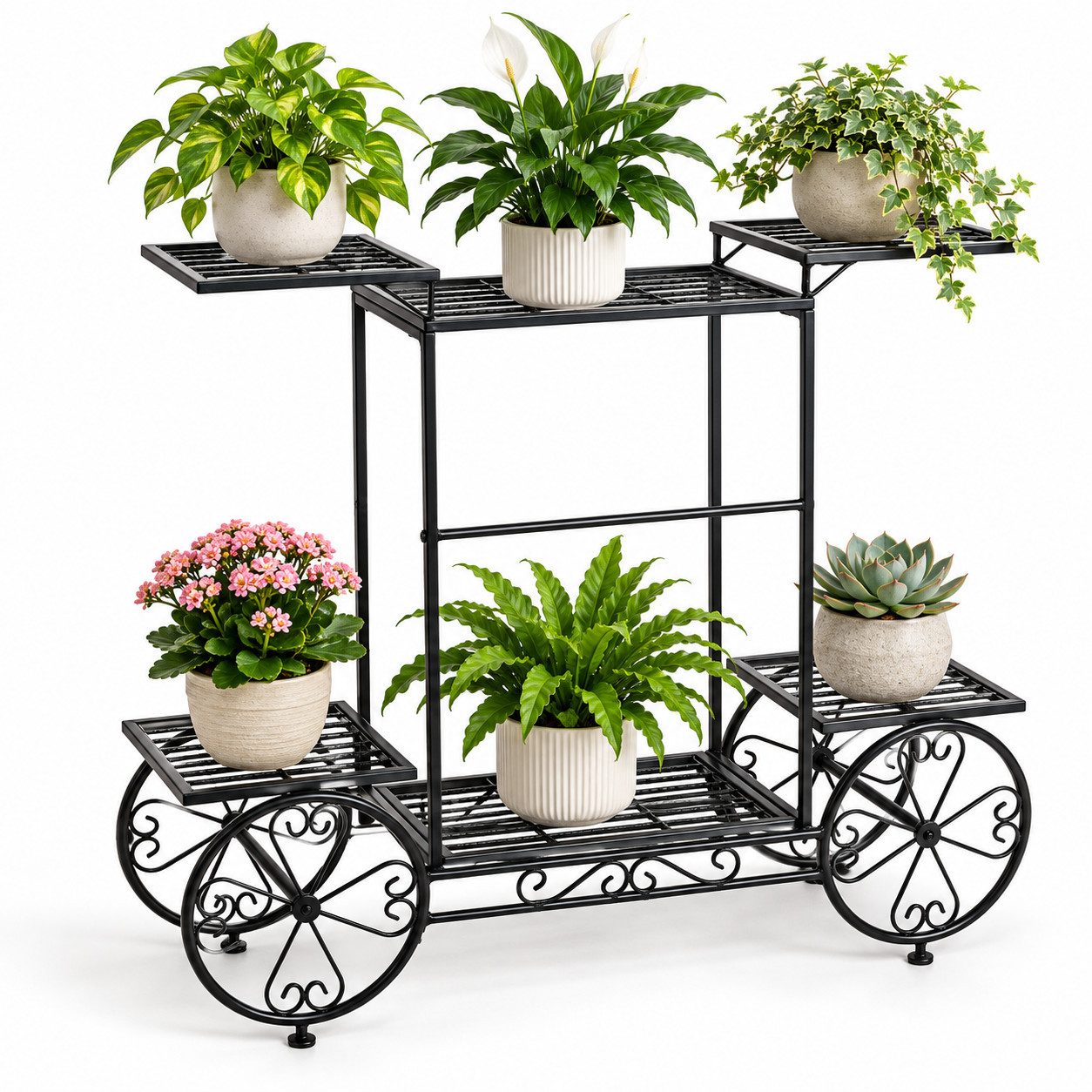 unho Blumenständer Metall im Vintage-Wagen-Design mit 6 Ablagen, 6 Ablagen, 21 cm tief, für Wohnzimmer und geschützten Balkon