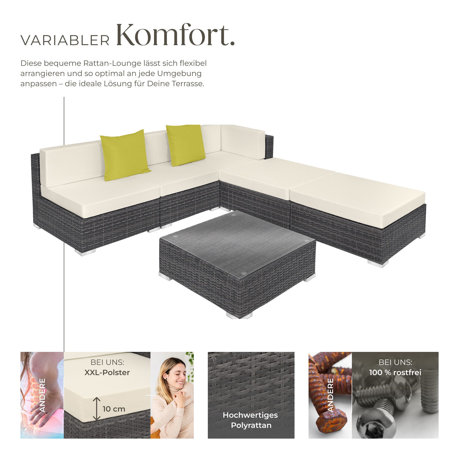 tectake Loungeset Rattan Sitzgruppe mit Sicherheitsglasplatte, 2 extra Kissen, (Gartenlounge-set Paris, 6-tlg., geeignet für Outdoor in Grau), wetterfest und UV-beständig, Dicke der Polster 10 cm