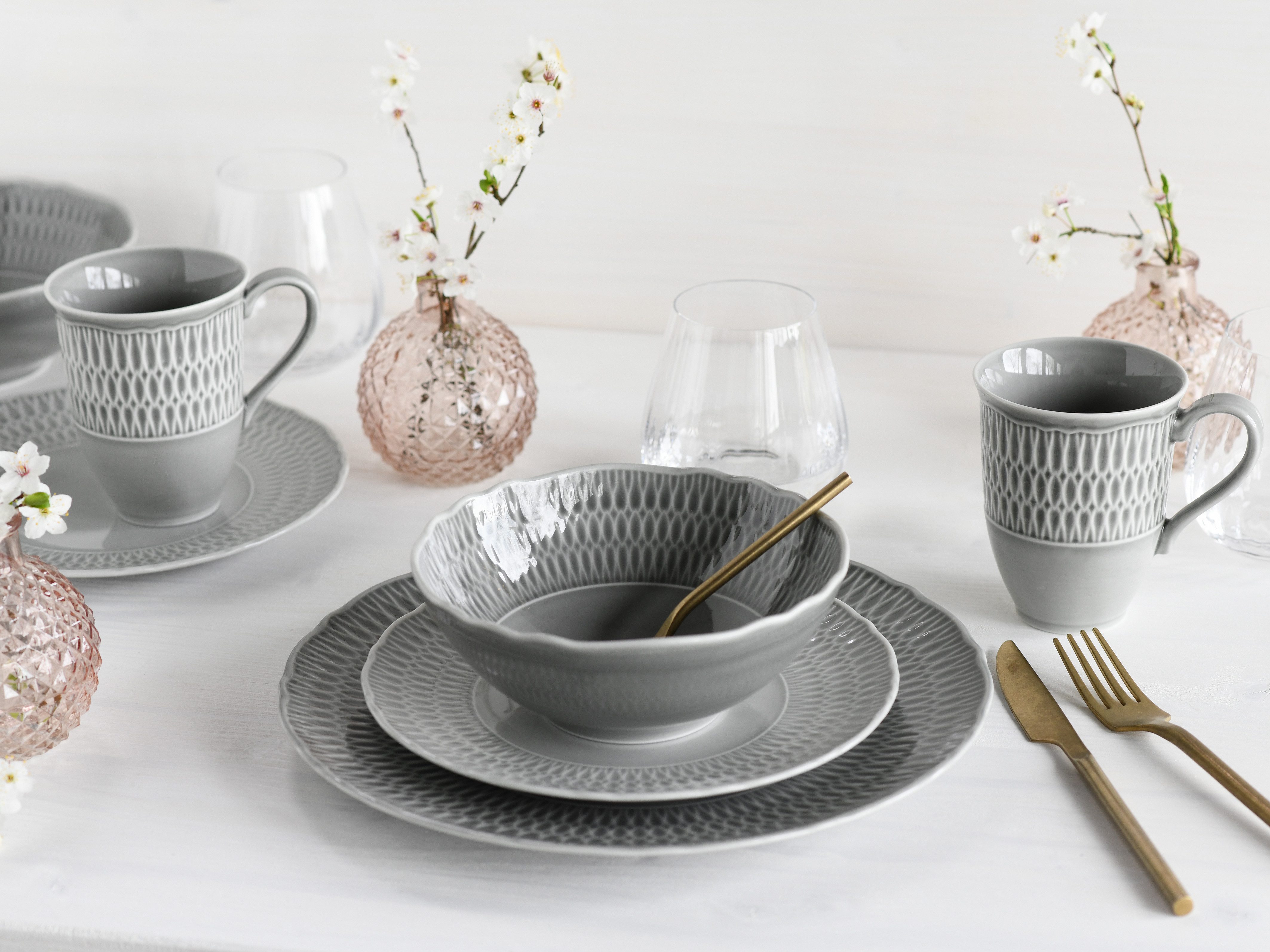 CreaTable Kombiservice Geschirr-Set Sofia (8-tlg), 2 Personen, Porzellan, Service, klassisch elegantes Relief, 8 Teile, für 2 Personen