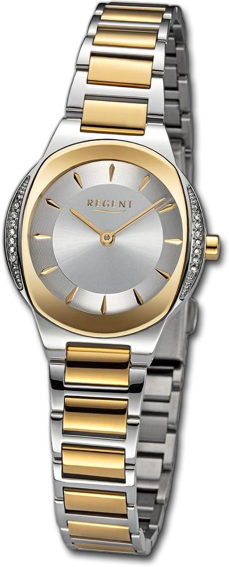 Regent Quarzuhr Regent Damen Armbanduhr Analog, Damenuhr Metallarmband silber, gold, rundes Gehäuse, groß (ca. 28,5mm)
