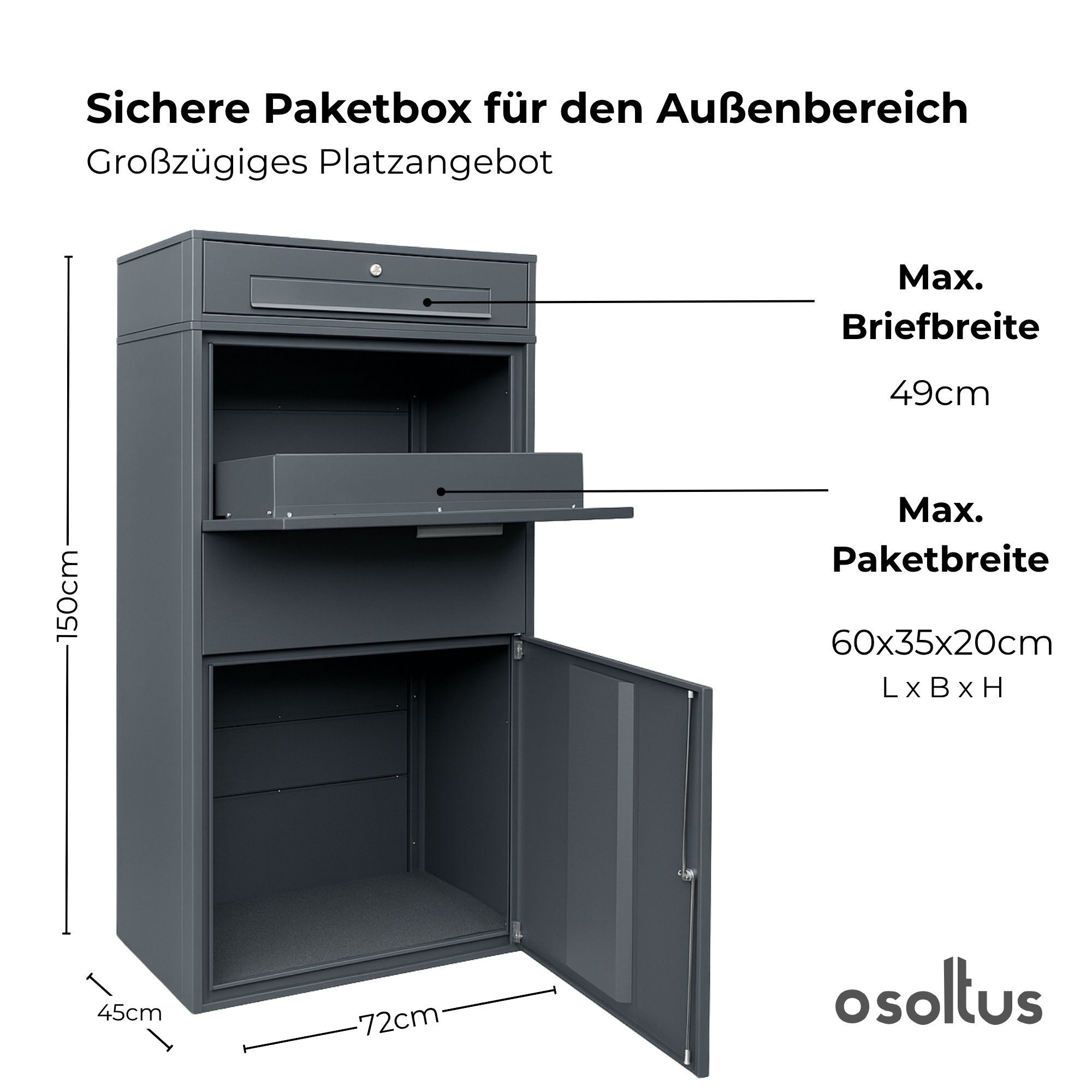 osoltus Standbriefkasten Paketbox XXL Briefkasten Standbriefkasten 150cm hoch anthrazit RAL7016
