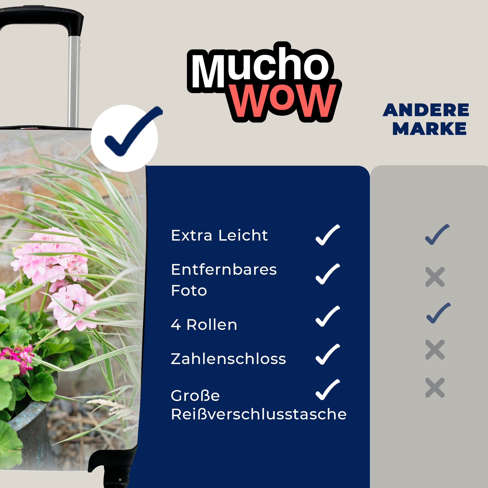 Geranien einem für Handgepäck mit Reisekoffer Rosa Ferien, Rollen, in rollen, Topf, MuchoWow Trolley, Reisetasche Handgepäckkoffer 4