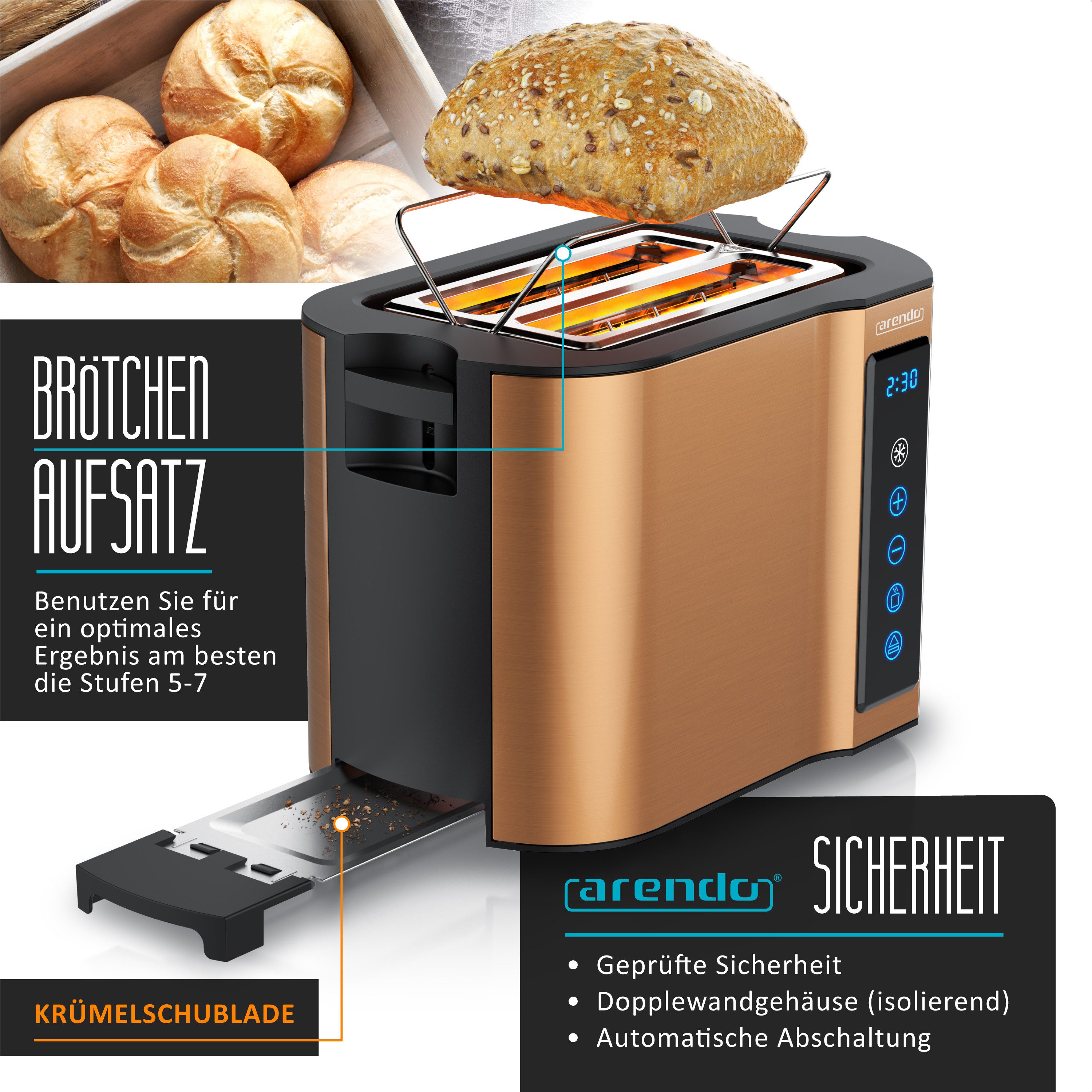 Arendo Toaster Wärmeisoliertes Doppelwandgehäuse, Display mit Restzeitanzeige, 2 kurze Schlitze, für 2 Scheiben, 800 W, Touchpanel, Brötchenaufsatz, 7 Bräunungsgrade, Brotscheibenzentrierung