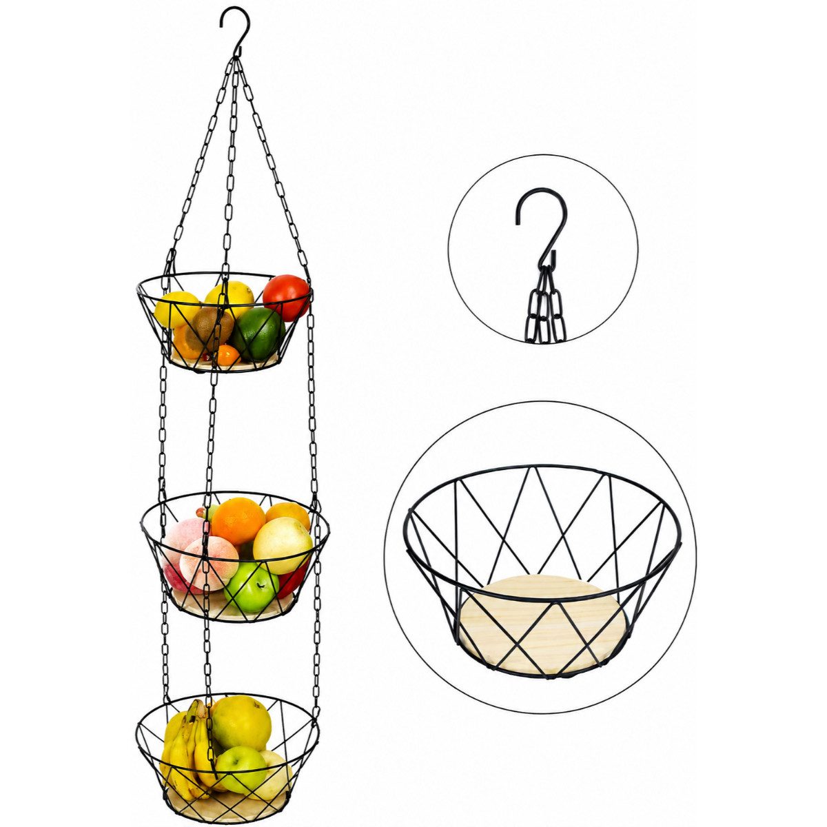 COFI 1453 Hängekorb Obstkorb hängend 3 Etagen mit Holzboden und Metallkette (3 St)