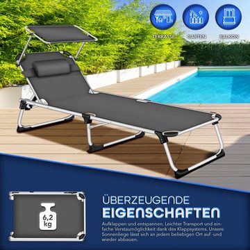 tillvex Gartenliege mit Dach und Kopfkissen Liegestuhl klappbar Strandliege mit, verstellbarer Rückenlehne Tragegriff, gepolsterte Liegefläche