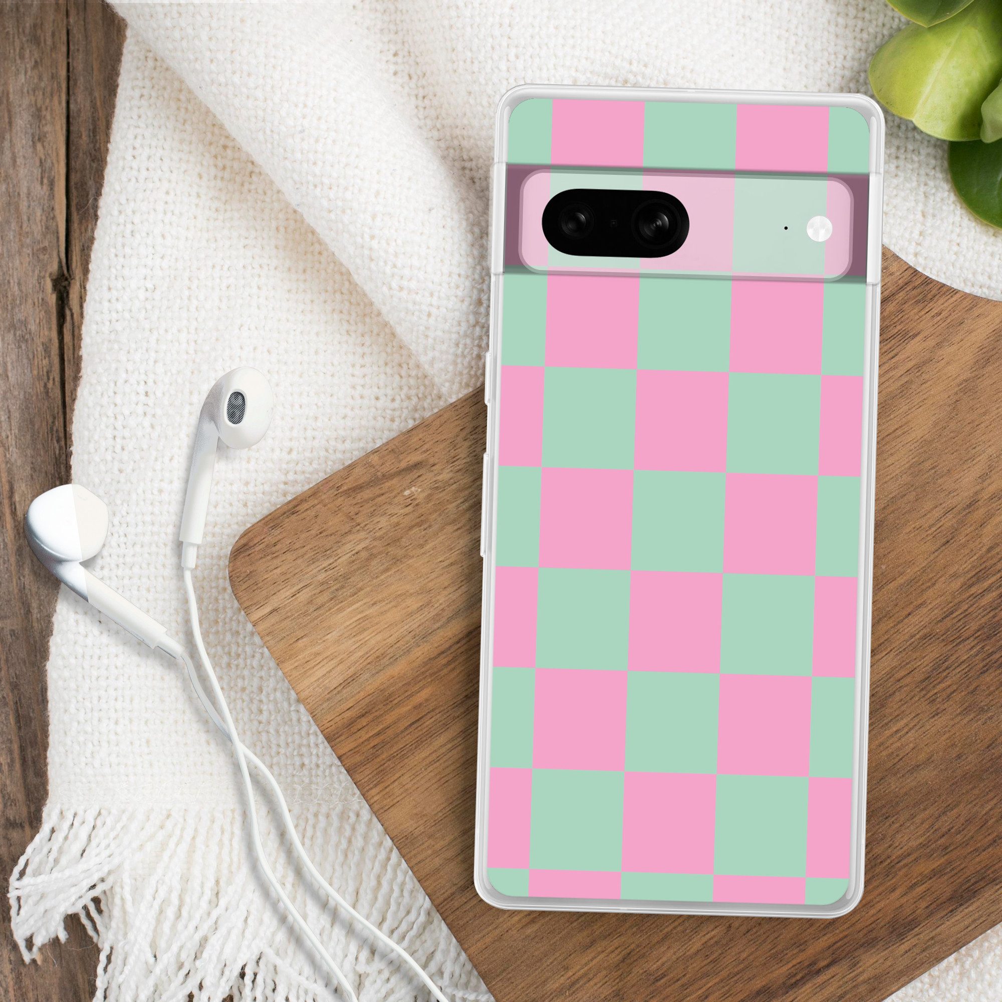 MuchoWow Handyhülle für Google Pixel 7 Schachbrettmuster - Grün - Rosa - Würfel, Phone Case, Silikon, Schutzhülle Dünn