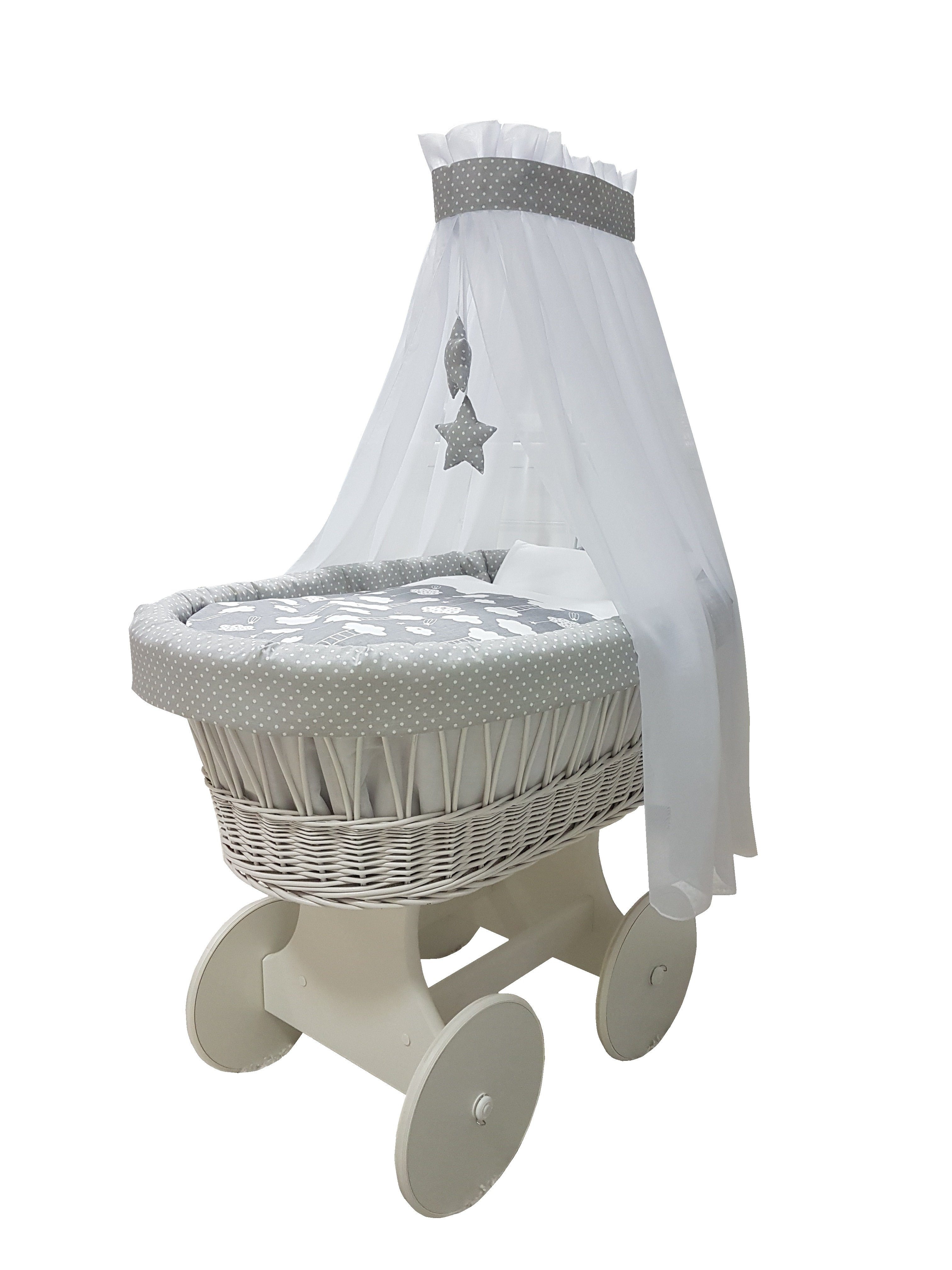 Babymajawelt Stubenwagen Baby Stubenwagen Komplett Set DREAM mit Ausstattung, große Räder, Made in EU, Naturweide, Sorglos Paket Erstes Babybett