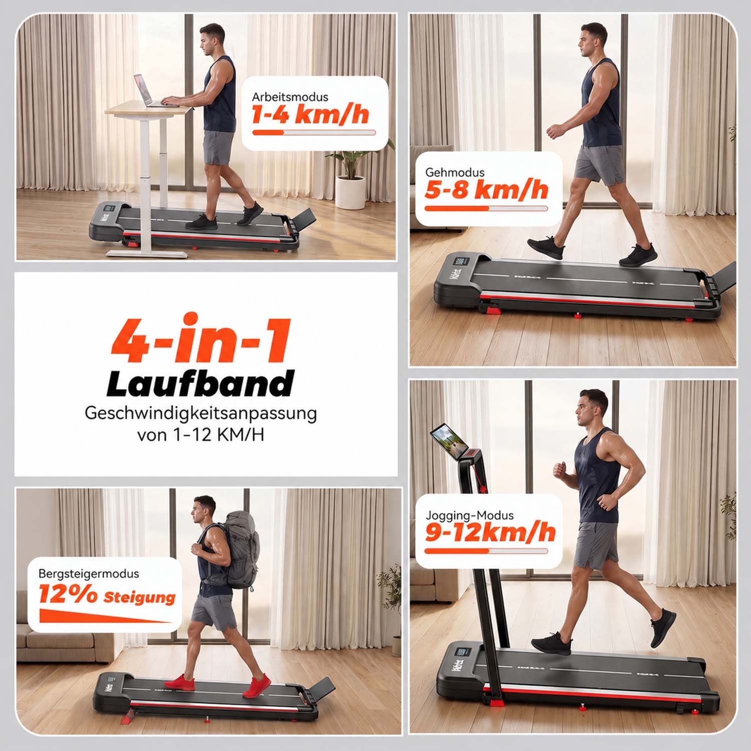kehot Laufband Klappbares Laufband mit 12% Steigung,Platzsparend für kleine Wohnungen (Walking 1–6 km/h und Laufen bis 12 km/h für Zuhause, EQISport, Kinomap & Zwift kompatibel mit 12 Trainingsprogrammen), Ultraflach verstaubar mit LED-Display und Sicherheitsschlüssel