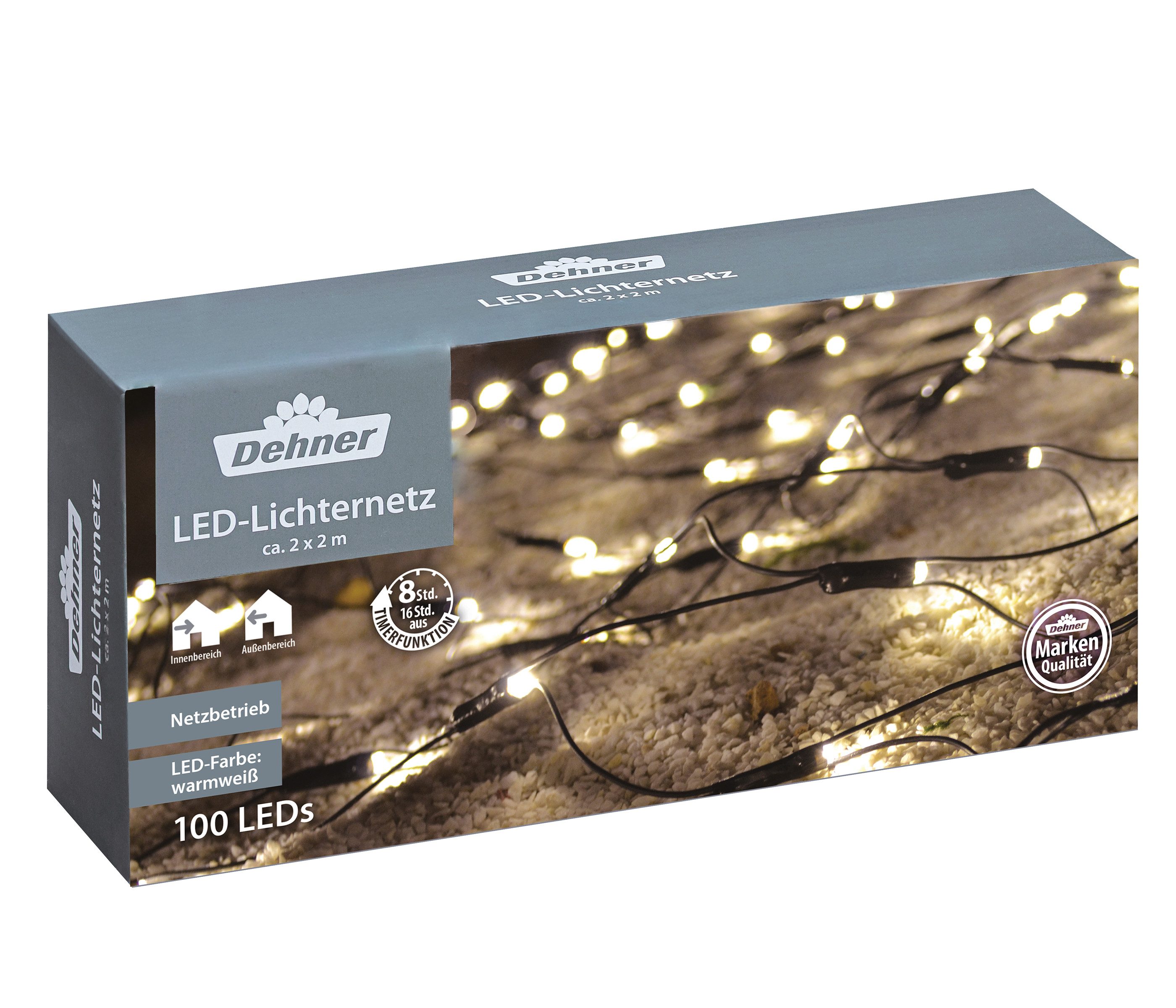 Dehner LED-Lichterkette LED Lichternetz, 100 LEDs, 200 x 200 cm, warmweiß, für Innen und Außen, mit Timer, 26 cm Abstand Dioden