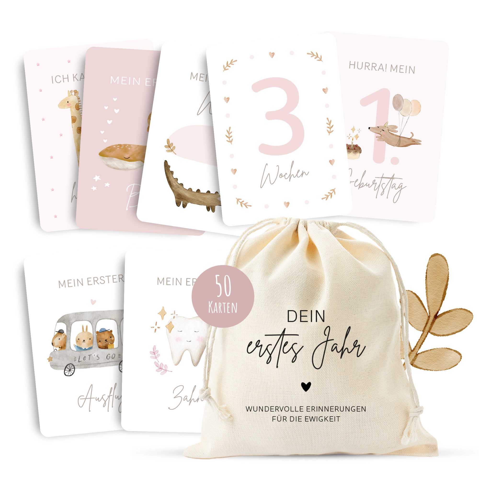 MeinBaby123® Geburtskarte 50 Meilensteinkarten "Dein erstes Jahr" zum Ausfüllen, inkl. Baumwollsäckchen, Geschenk zur Geburt, Meilensteinkarten Baby