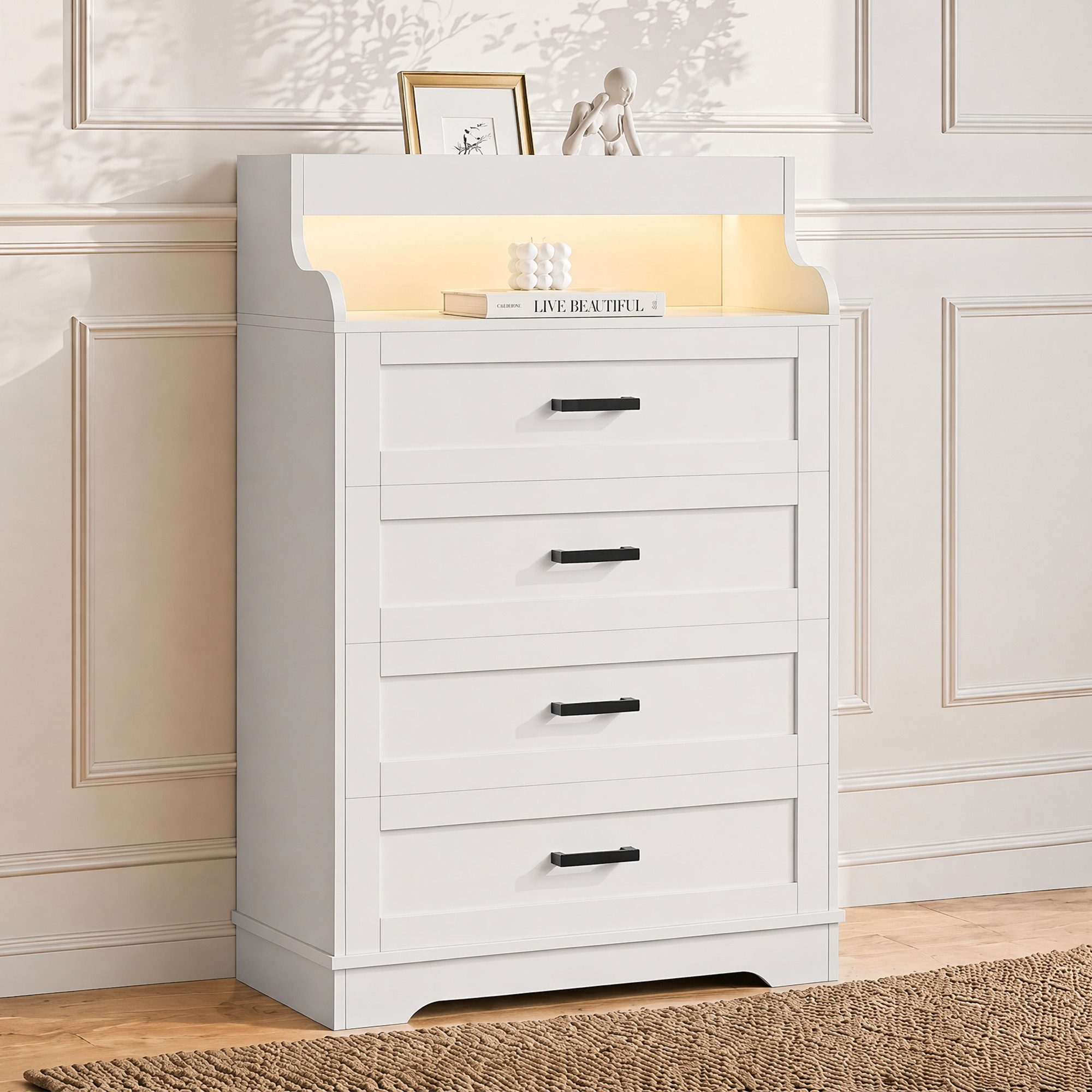 zebery Kommode mit 4 Schubladen Schubladenschrank mit LED-Beleuchtung, Schrank,Sideboard,Kommodenschrank,weiß, Holz,Metallgriff