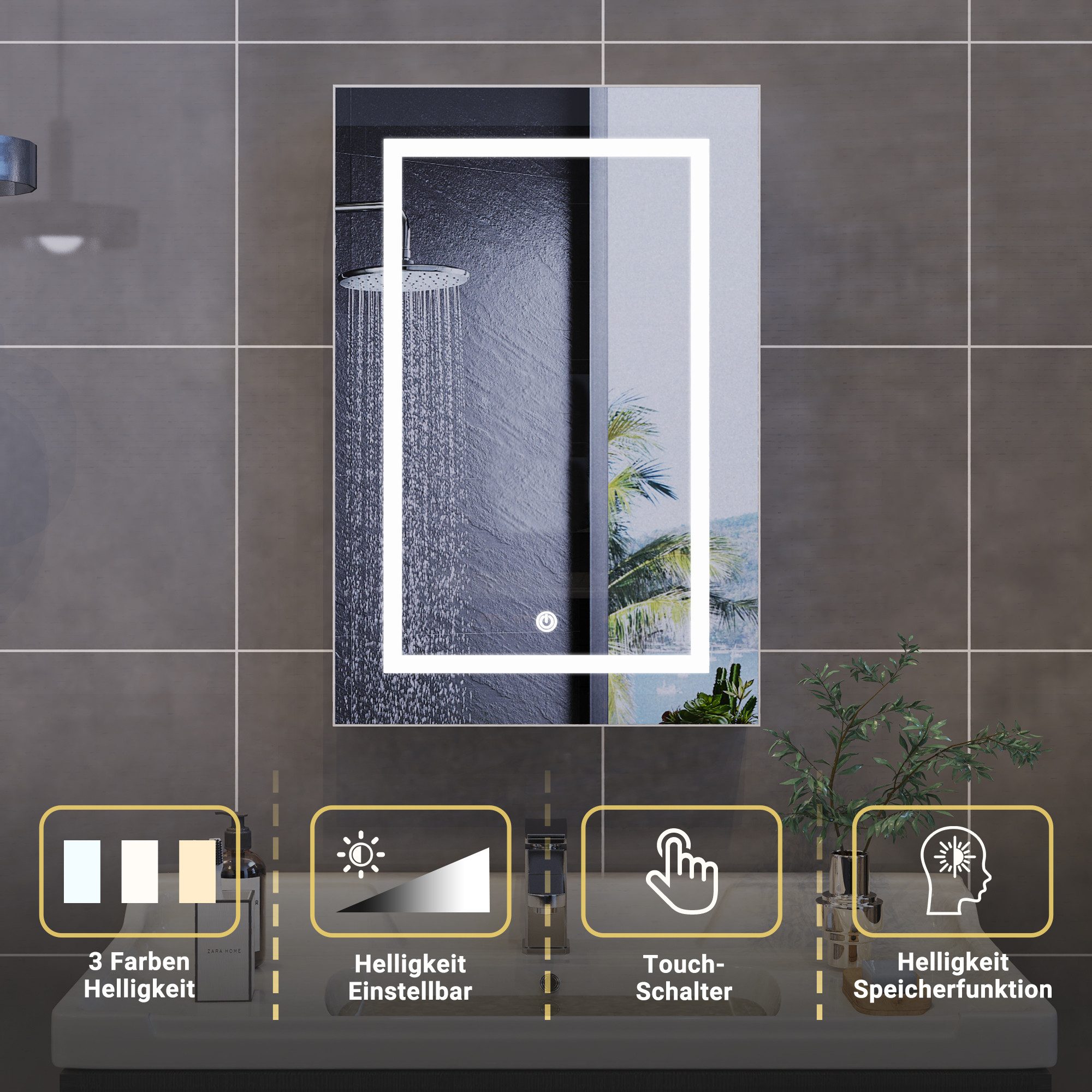Furnishings Home Badezimmerspiegelschrank Spiegelschrank Doppeltür Hängeschrank mit LED (Einstellung der warmen und kalten Farbtemperatur 3000/4500/6400K) inkl. LED-Beleuchtung, Stecker, Touchschalter, Beschlagfrei