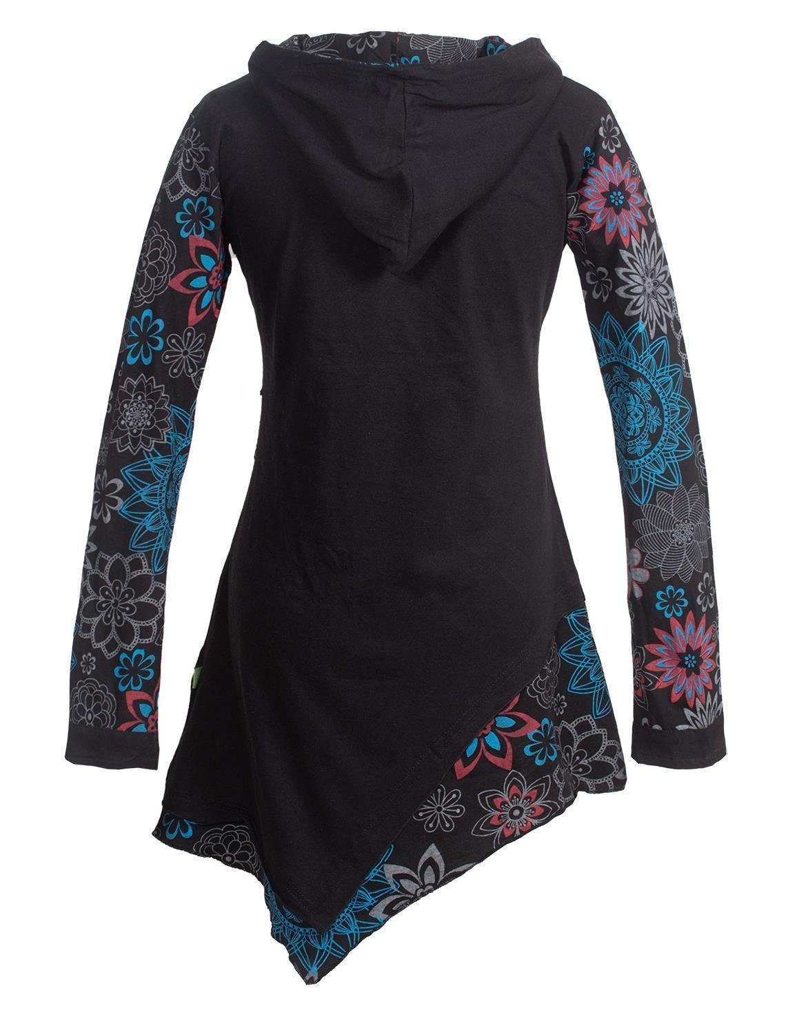 Vishes Jerseykleid Asymmetrisches Langarm Blumen-Kleid mit Kapuze Hippie, Goa, Ethno, Elfen Style