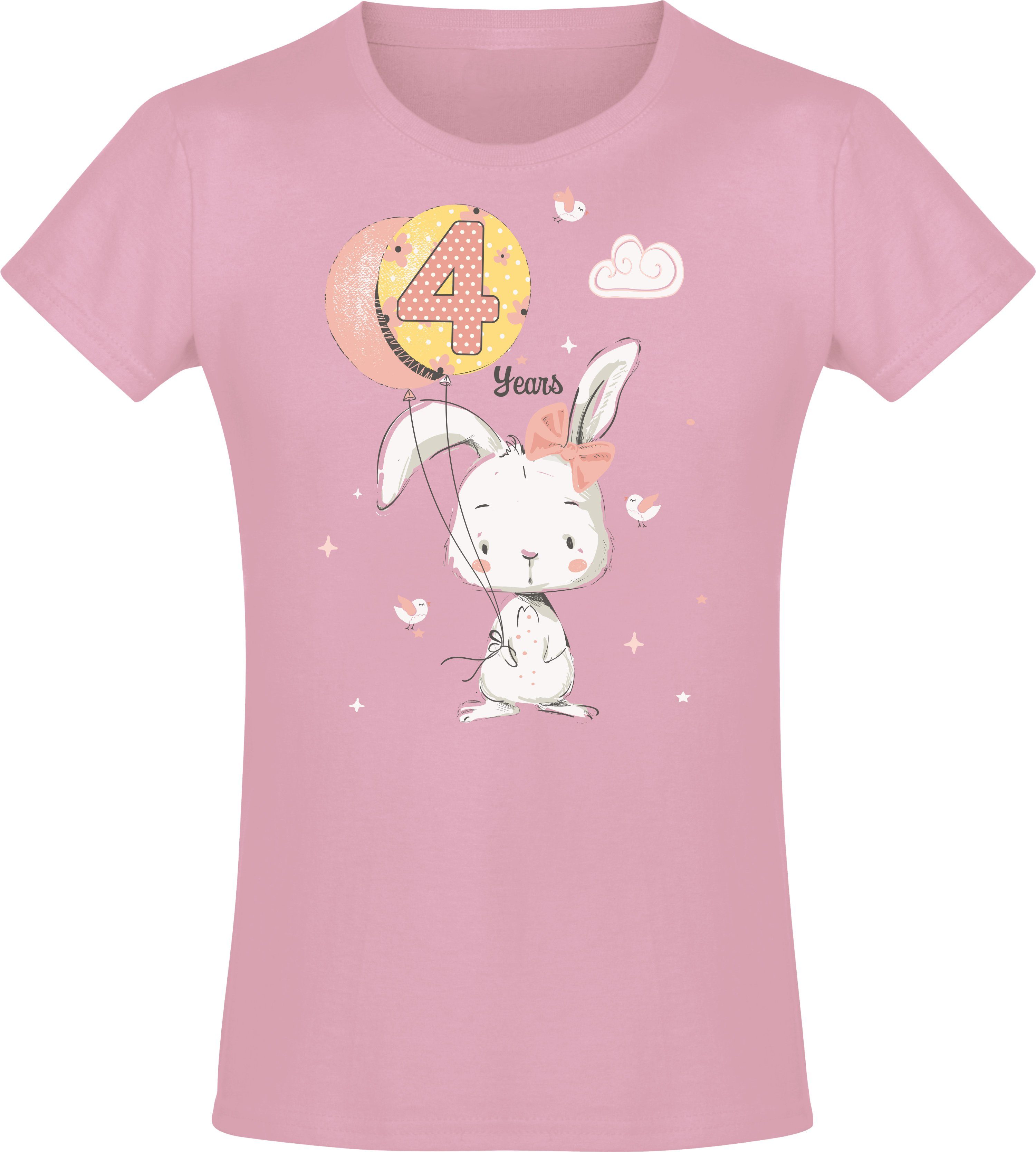 Print-Shirt Baumwolle Mädchen Baddery Siebdruck, 4 hochwertiger Pink Geburstagsgeschenk mit Hase Jahre für aus Light :