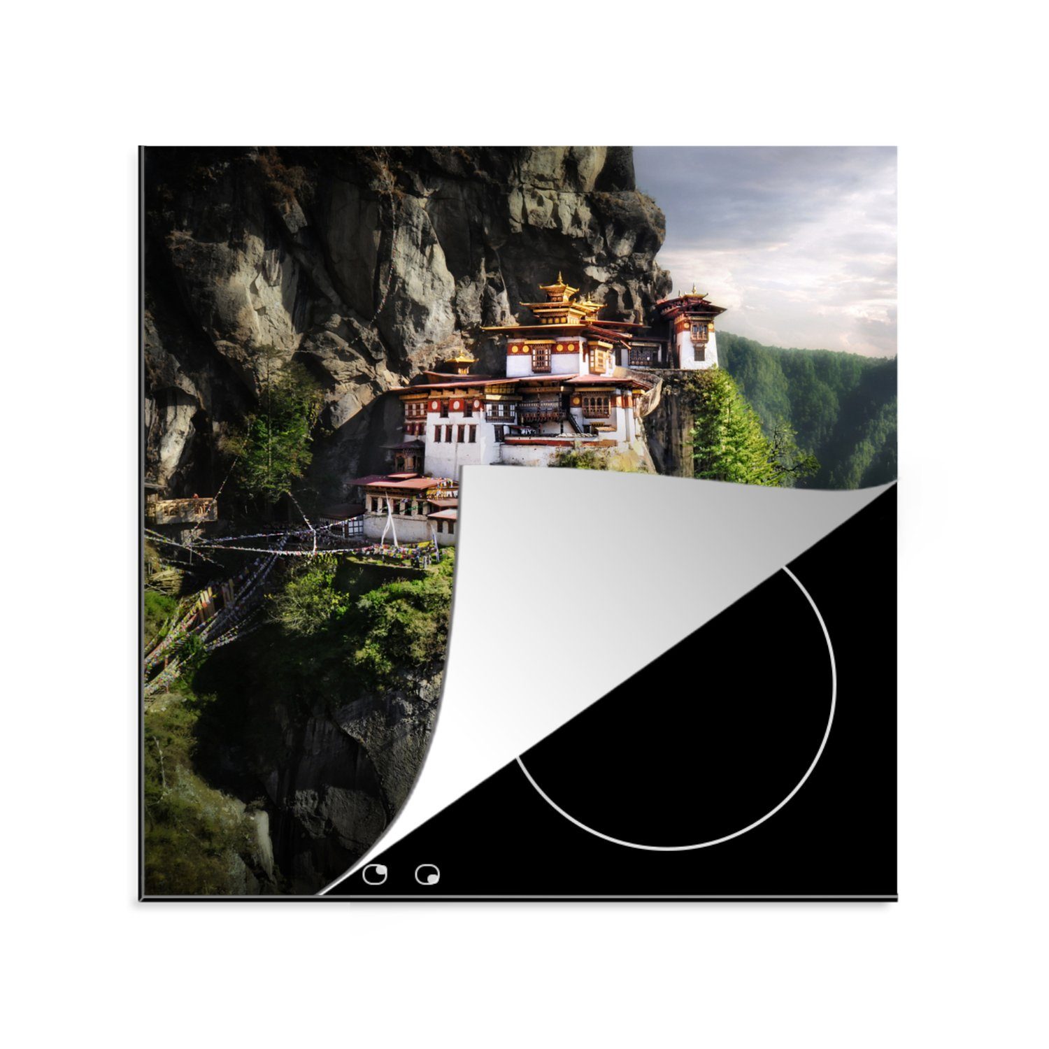 MuchoWow Herdblende-/Abdeckplatte Bhutan - Tempel - Berg, Vinyl, (1 tlg), 78x78 cm, Ceranfeldabdeckung, Arbeitsplatte für küche | Herdabdeckplatten