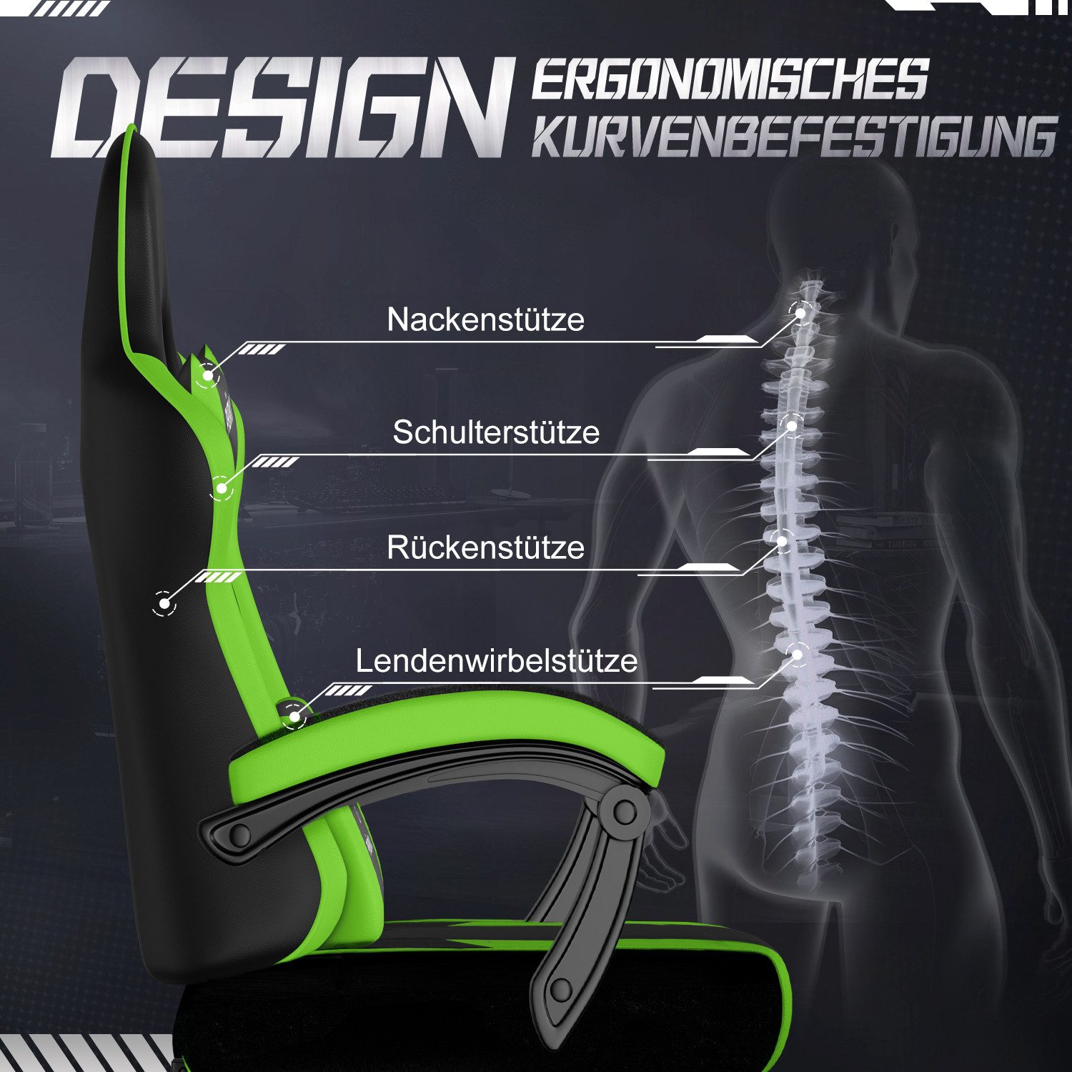 Adormii Gaming-Stuhl Gaming Stuhl ergonomisch Gaming Chair Bürostuhl verstellbare (Gaming Stuhl mit verstellbaren Lendenkissen, Armlehne und Kopfstütze, Gamer S – Bild 4 von 5