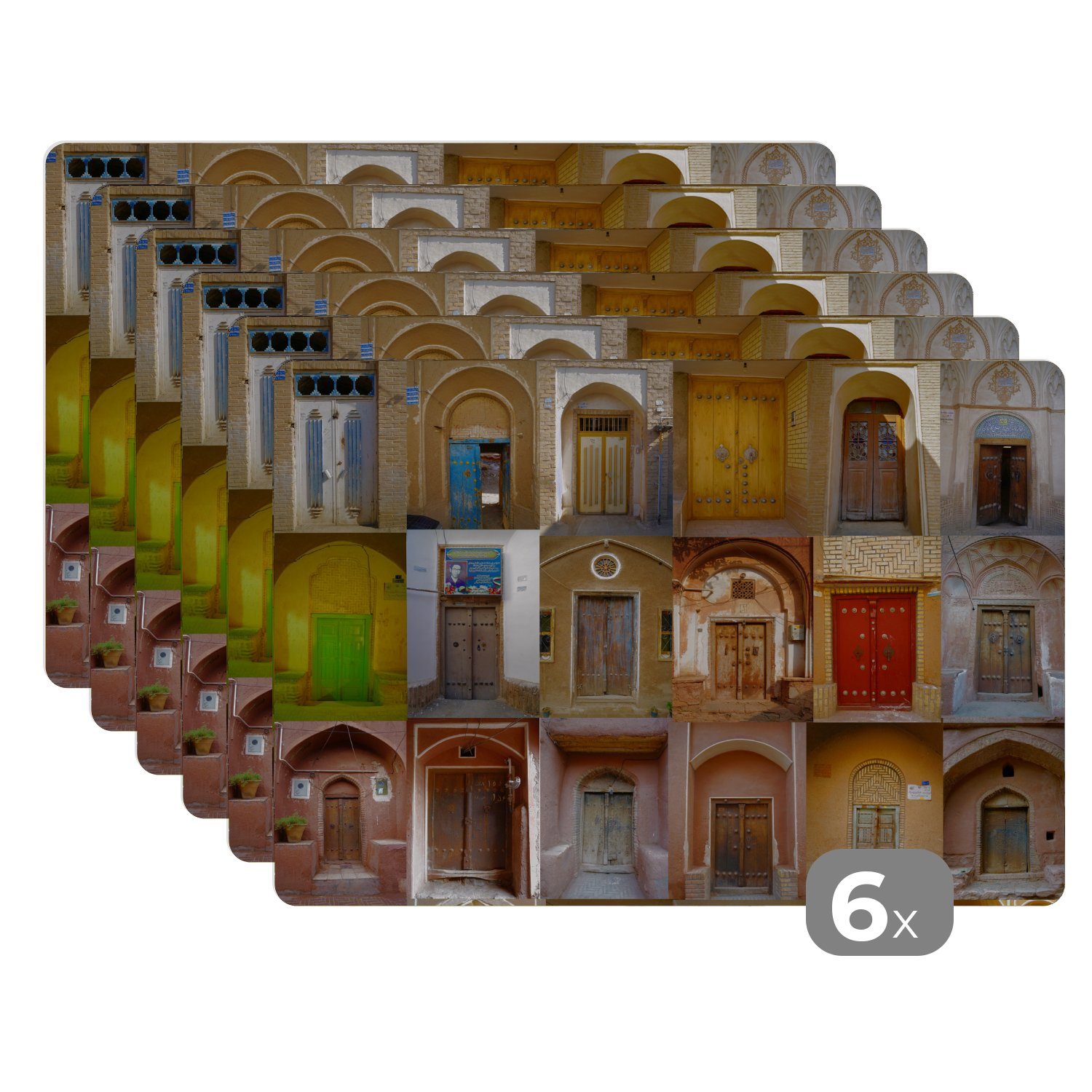 Platzset, Türen - Farbenfroh - Architektur - Collage - Vintage, MuchoWow, (6-St), Platzset, Platzdecken, Platzmatte, Tischmatten, Schmutzabweisend