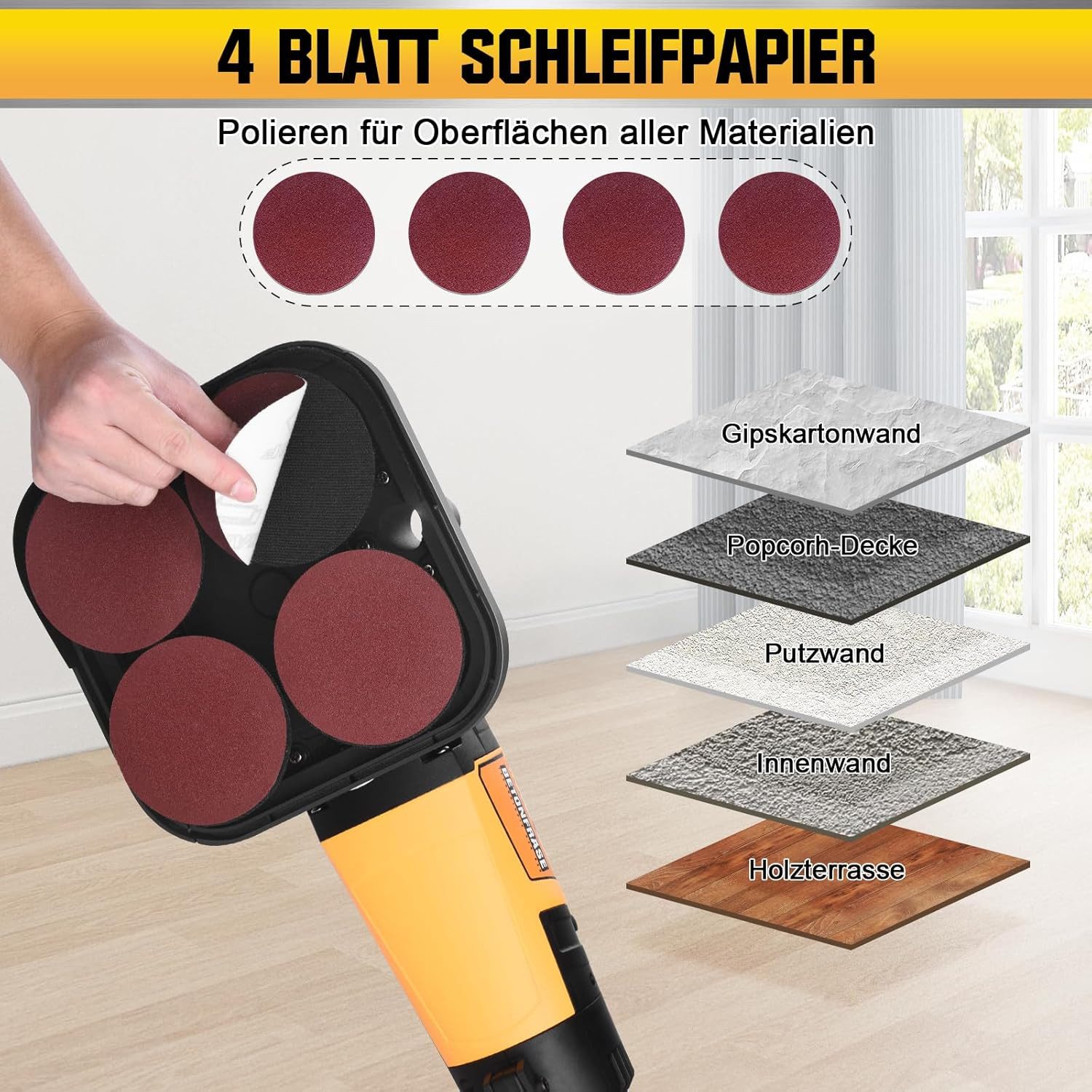 XERSEK Winkelschleifer 3800W Betonschleifer 4 Arbeitsmodule Betonfräse Putzfräse, max. 6000 U/min, mit Handgriff, Schutzhaube, 6 stufen