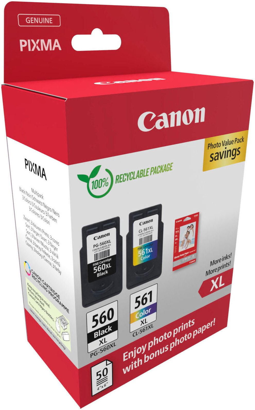 Canon PG-560XL Schwarz und CL-561XL Farbe + Fotopapier Vorteilspack Tintenpatrone (Packung)