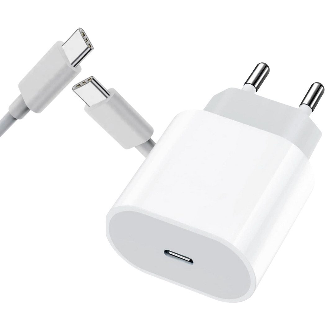 Shopbrothers Schnellladegerät USB C passt für iPhone 15 und Samsung Geräte Smartphone-Ladegerät (Spar Set, 20W Ladegerät + USB-C auf USBC Ladekabel, Netzstecker 20W)