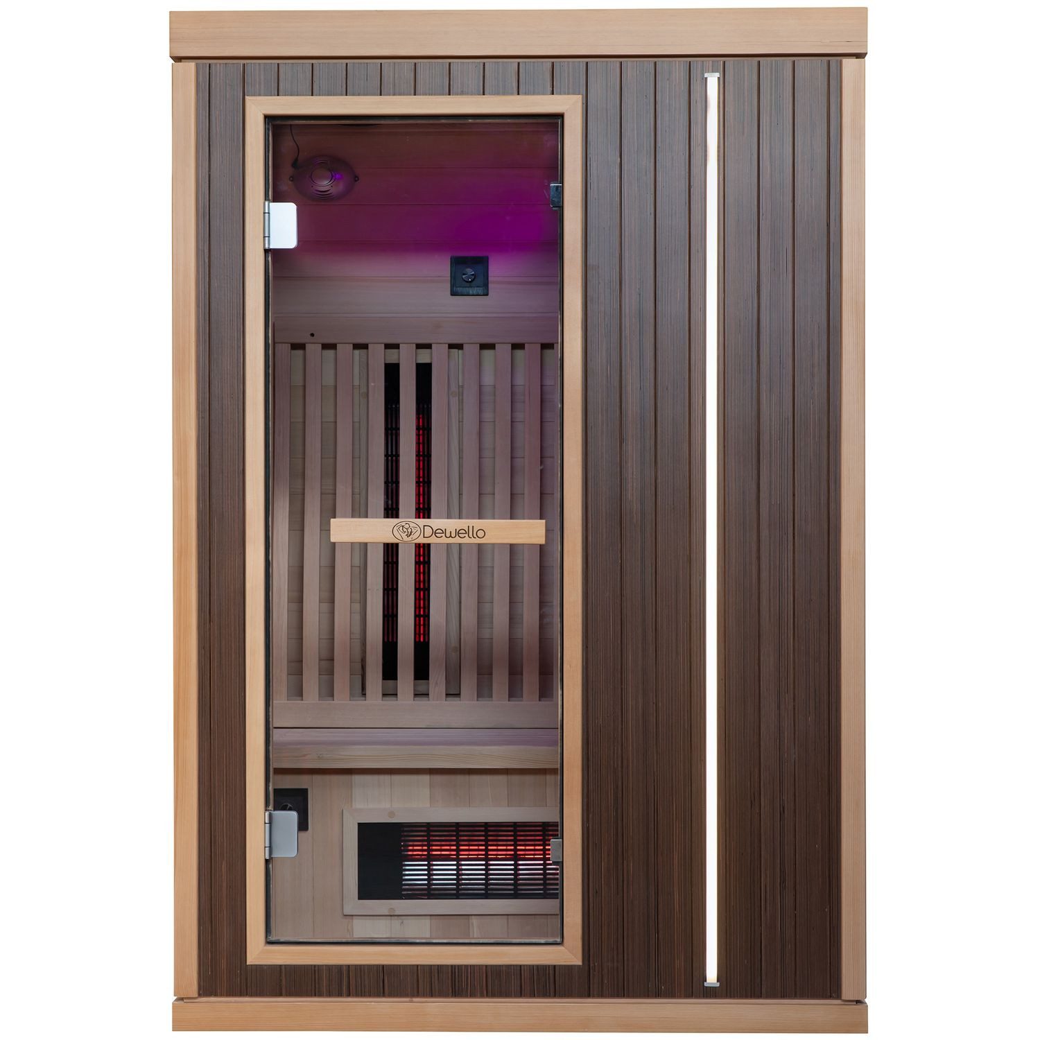 Dewello Infrarotkabine MELVILLE 130 Wärmekabine,für bis zu 2 Personen, 5 Vollspektrumstrahler, BxTxH: 105 x 105 x 190 cm, (LED-Farblichttherapie Ionisator mit Ozondesinfektion und Aromatherapie, inkl. Ionisator mit Ozondesinfektion und Aromatherapie, Bluetooth & FM) Walnuss-Front mit LED Streifen