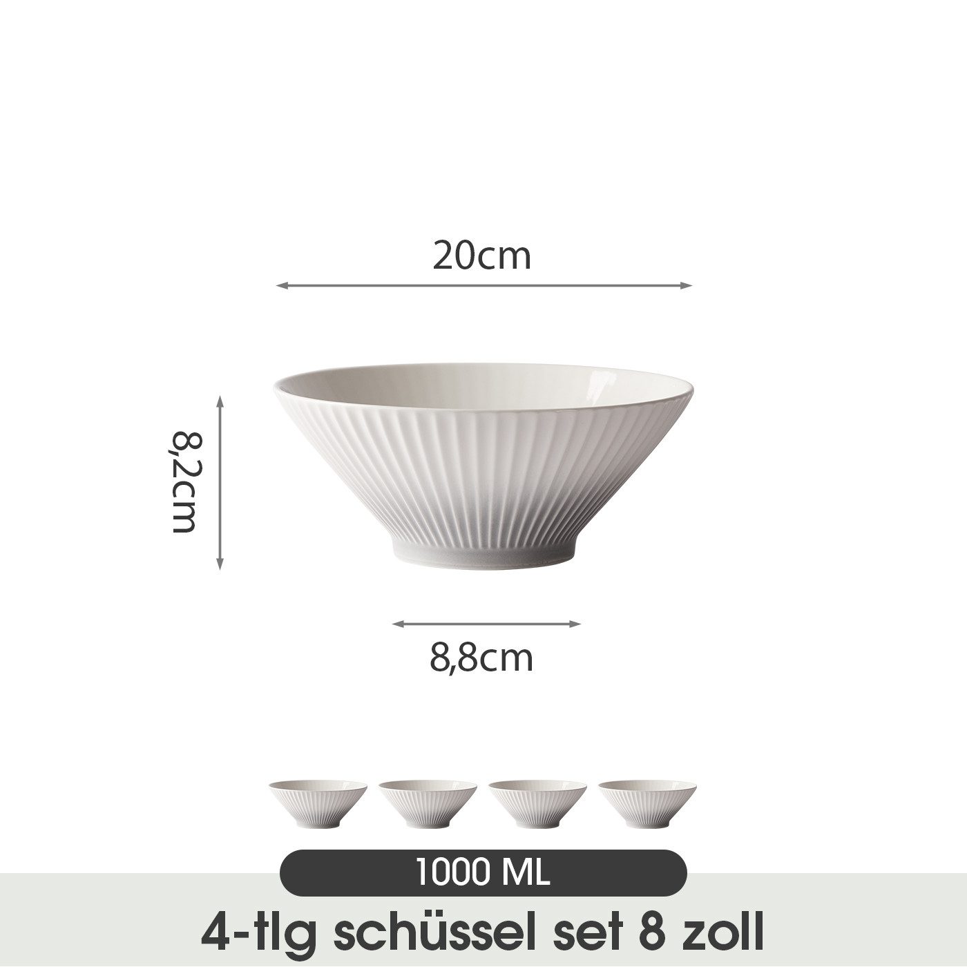 JIWOO Schüssel 4er Ø20cm, Japanische Ramenschüssel Suppenschüssel bowl Pastaschüssel, Keramik, (Schüsselset, 4-tlg), Bowl Hochwertiges Schüsseln Grau Schüssel Mikrowellenofen Spülmaschine