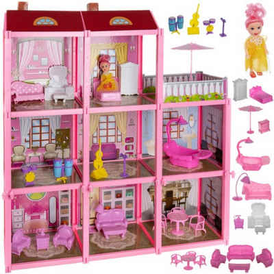 KRUZZEL Puppenhaus Puppenvilla mit Puppenfigur: Großes Puppenhaus-Set, (Puppenhaus-Set, Puppenhaus mit 3 Ebenen und Ausstattung), Großes Puppenhaus mit 8 Zimmern und Terrasse für kreatives Spielen