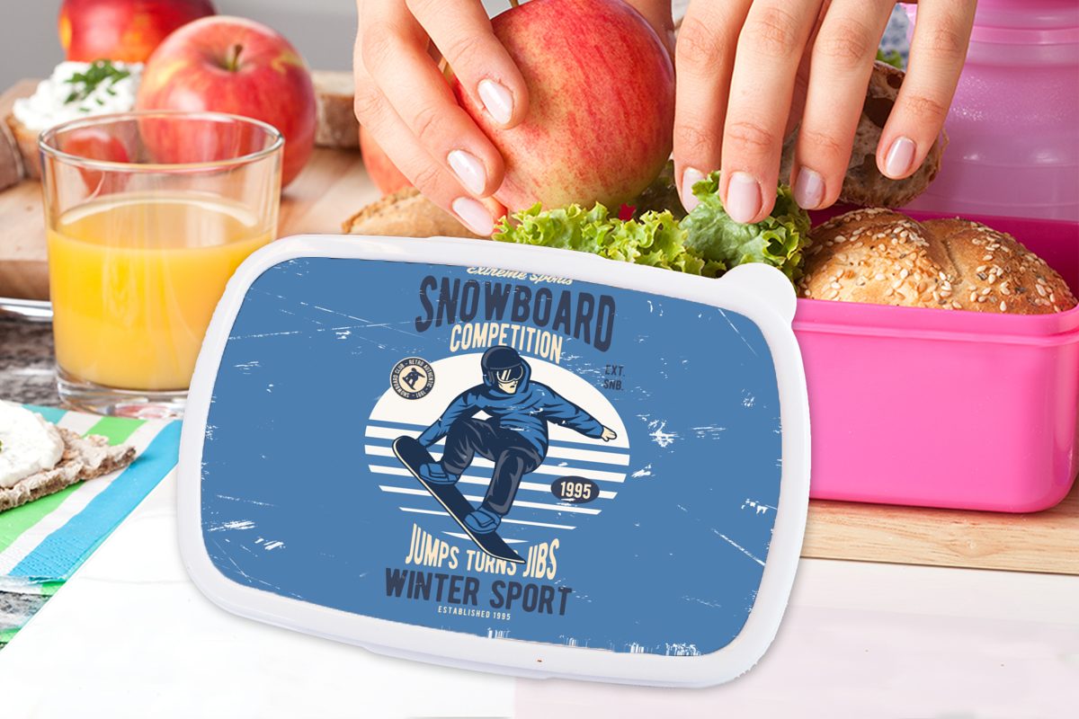 MuchoWow Lunchbox Snowboard - Mann Snackbox, Brotdose Kunststoff, (2-tlg), für Vintage, - rosa Mädchen, Kunststoff Kinder, Brotbox Erwachsene